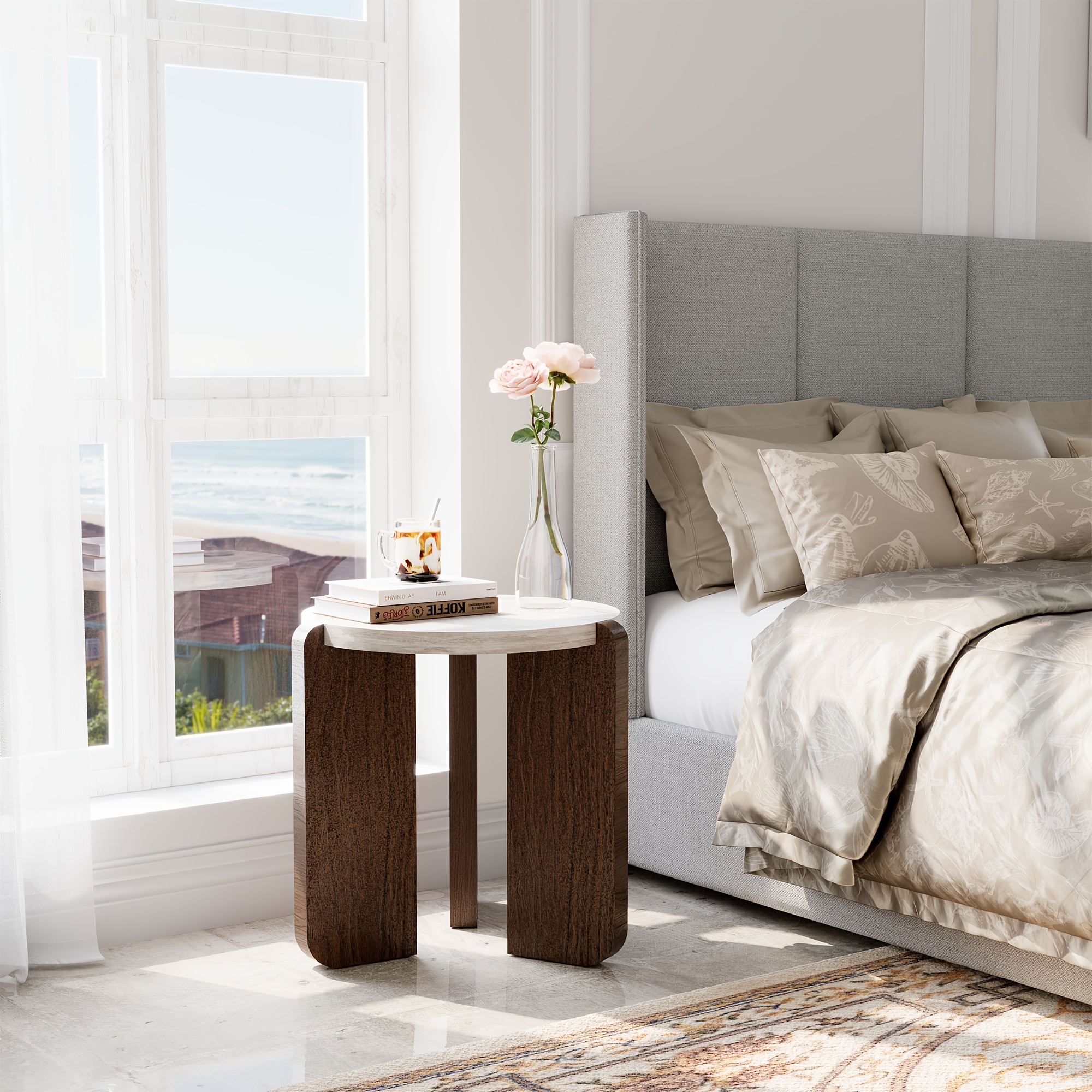 Brown Marble Look Side Table, Faux Marble MDF End Table for Living Room, Bedroom - Modern Accent Table with Lower Shelf for Couch, Sofa, Small Apartment
