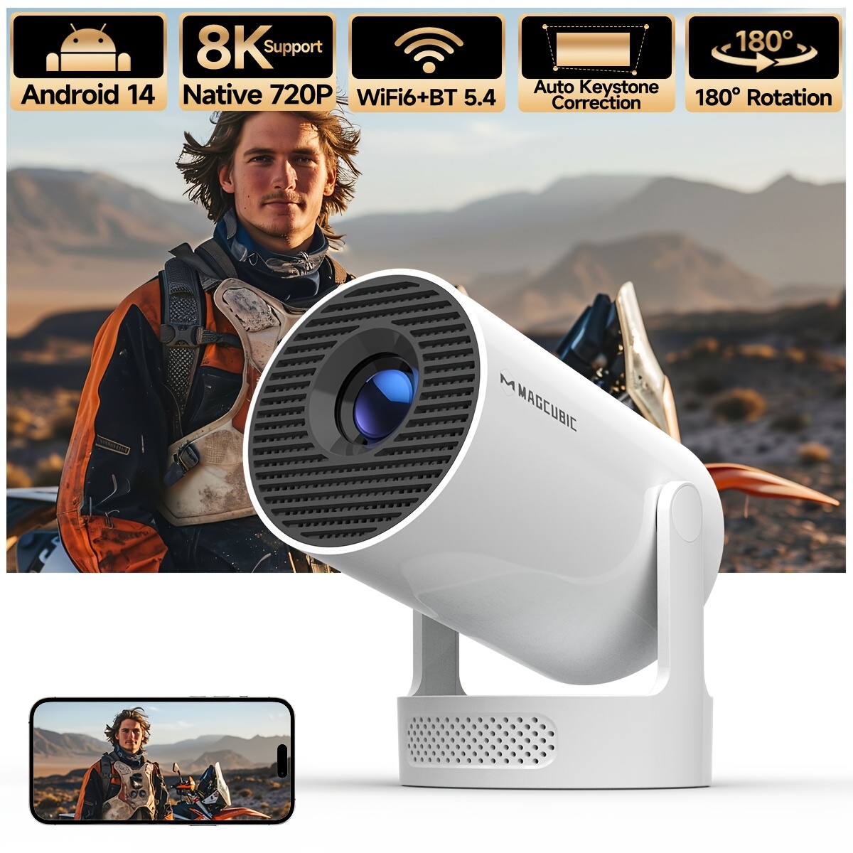 Image of Magcubic Hy300pro+ Smart Projector - 180° Rotation - 1gb + 8gb Rom Storage - 0.9:1 Throw Ratio - 290ansi - Local 720p Support 8k - 14.0 System And Wifi 6 Bt5.3