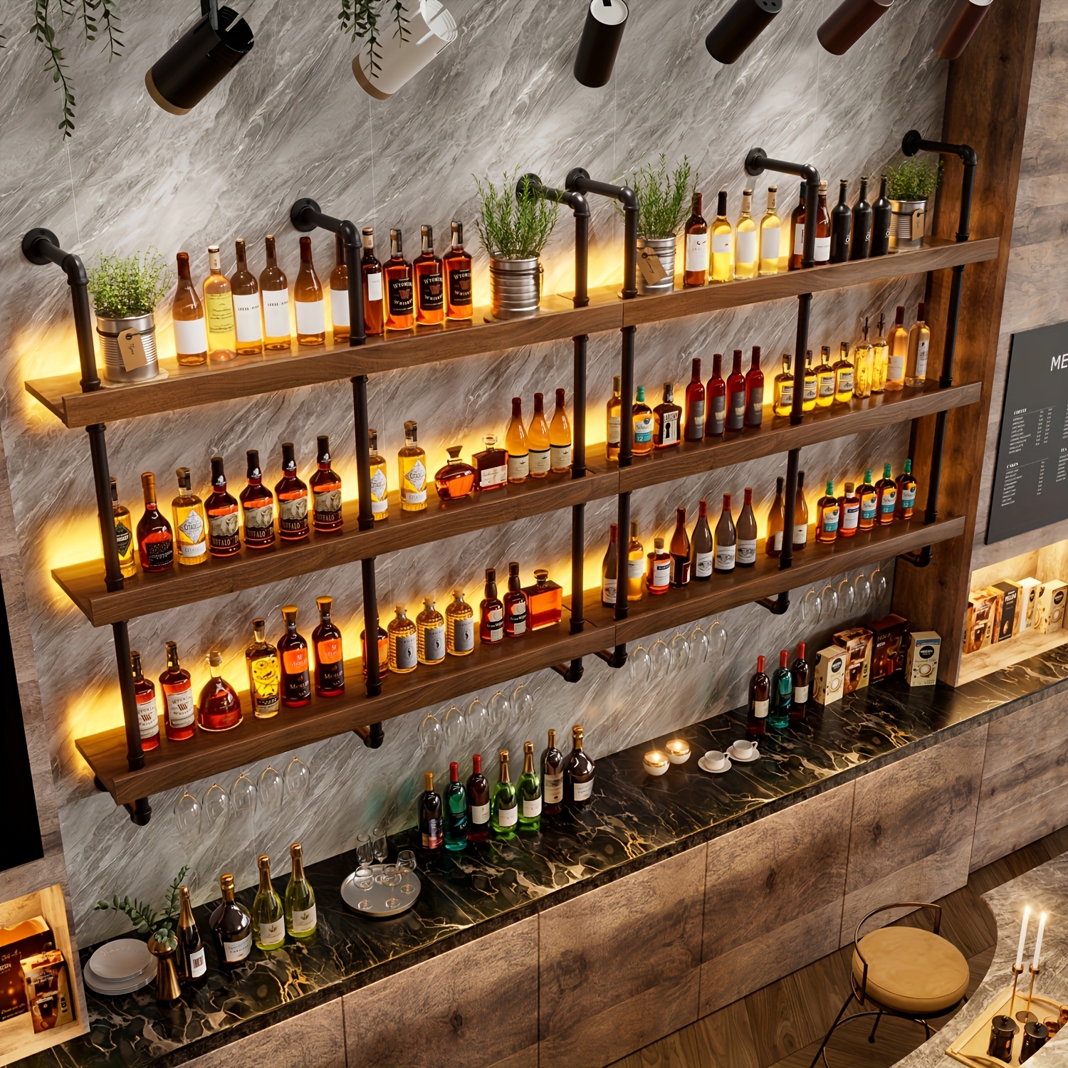 Three-tier Wall-mounted Wine Rack | Metal And Solid Wood Construction With Glass Cup Holder, Suitable For Bars, Wine , Kitchens, Restaurants - Brand Msfe