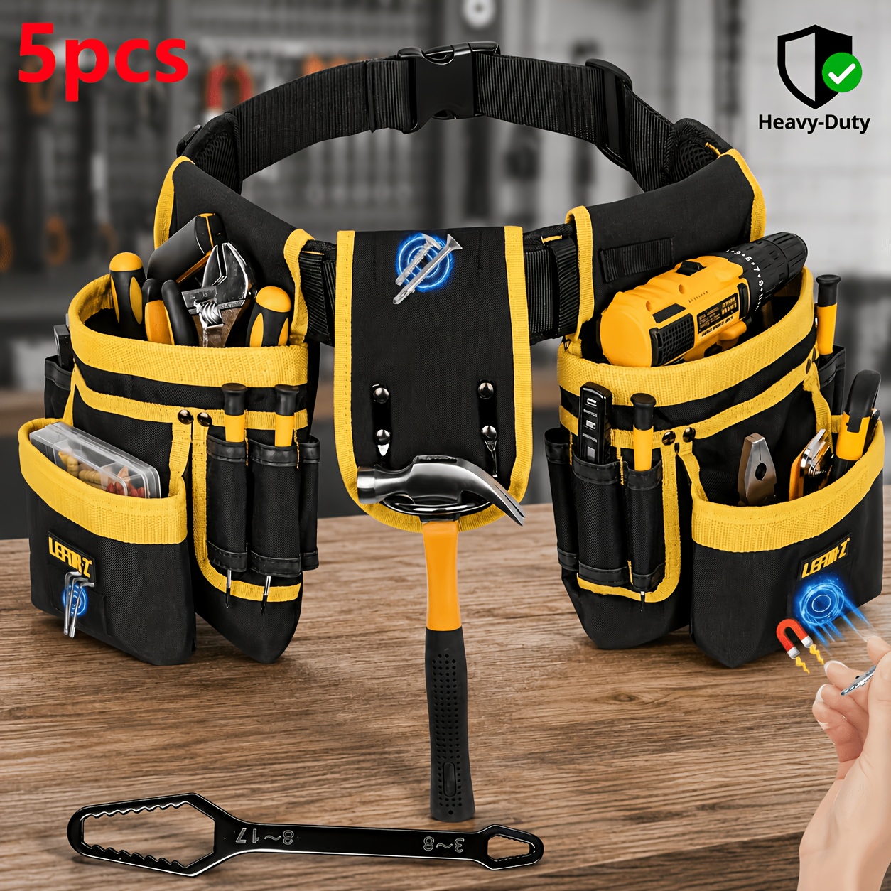 Image of 5pcs, 51-inch Heavy Duty Tool Belt With Adjustable Strap And Multi- Magnetic Holder For Screws, Wrenches & Nails, Durable Fabric For Woodworking, Home Renovation & Professional Contractors