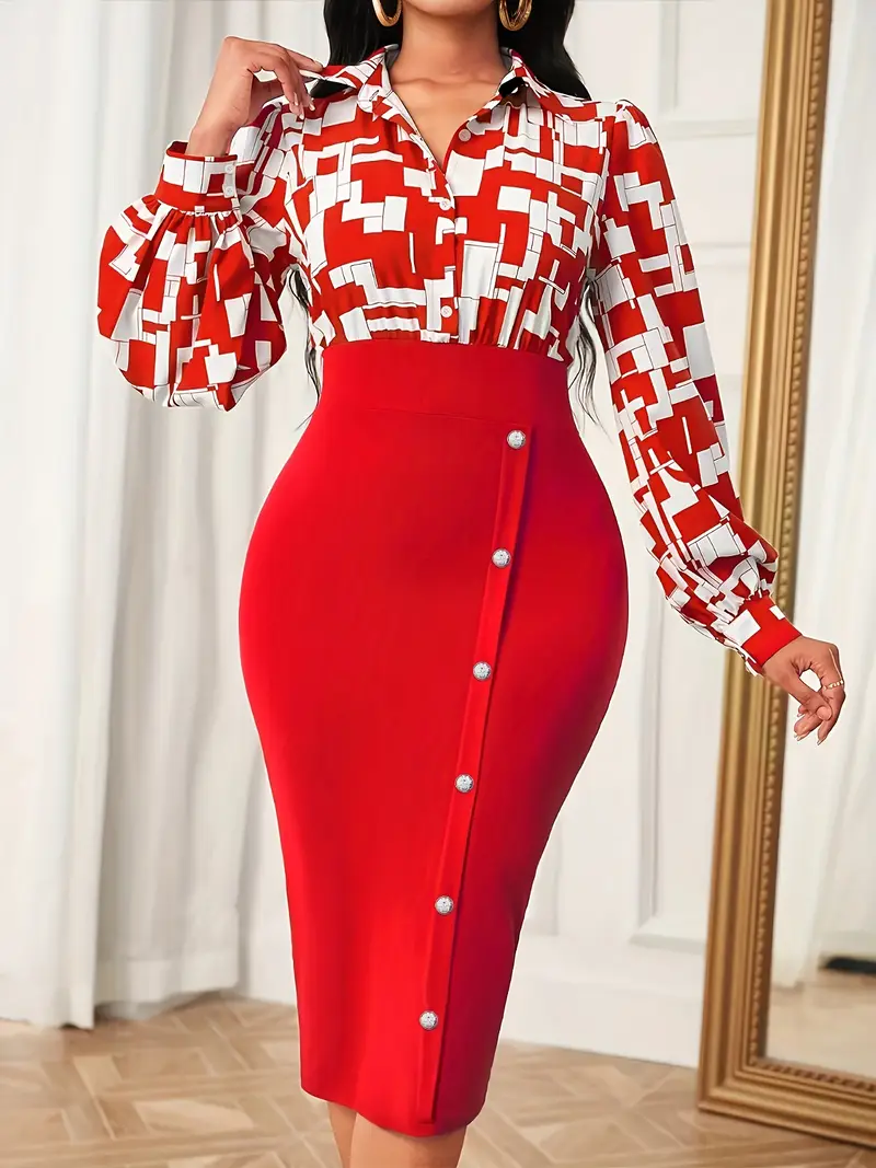 a stylish long sleeve printed shirt a fitted pencil - Temu a stylish long sleeve printed shirt a fitted pencil - Temu