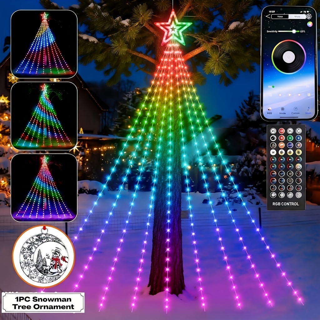 TEMU 11.8ft Outdoor Christmas Decorations With 350 Leds & Star, Waterfall Tree String Lights, Rgb Color Changing, Music Sync, Remote & App Control,