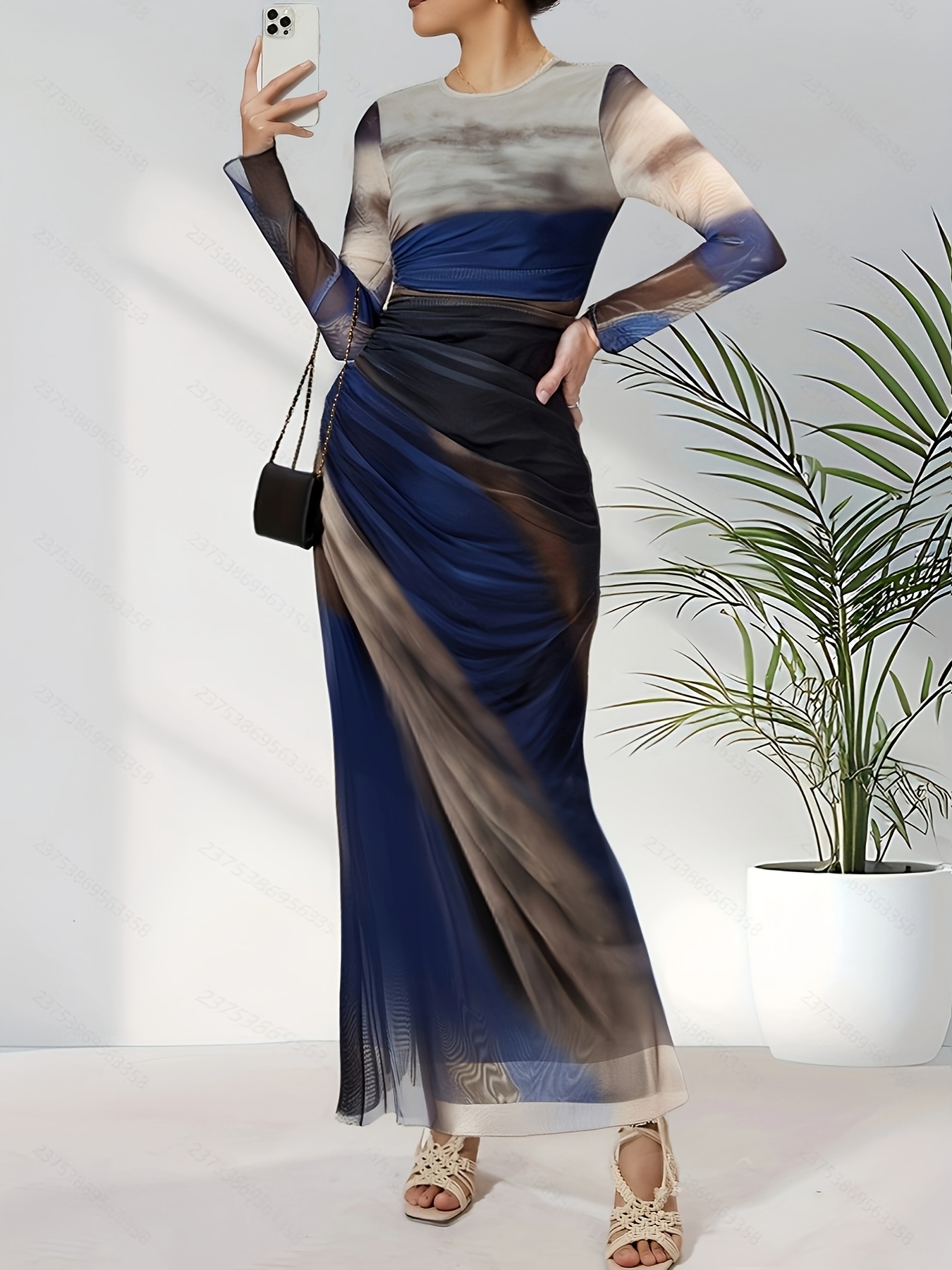 Women's Sexy Formal Wedding Bridegroom Print - Navy to Dark Blue Ombre, Bodycon Mermaid skirt with Stretchy Fabric for Bridesmaids, Prom, Parties - Elegant Evening Gown, Party Dress, Round Neckline, High Elasticity, Trendy Dress, Prom Night Outfit