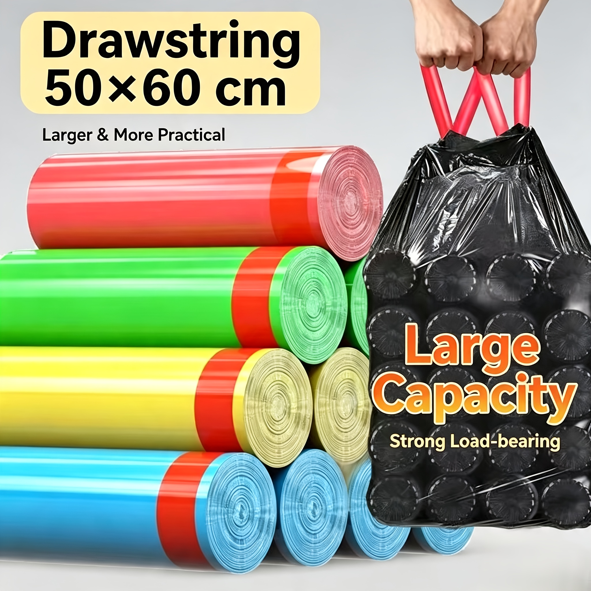TEMU 50 X 60cm Black 1 Roll/15pcs Drawstring Garbage Bags Leak-proof And Odor-proof With Drawstring Closure - Extra Large And Thick Plastic Bags,