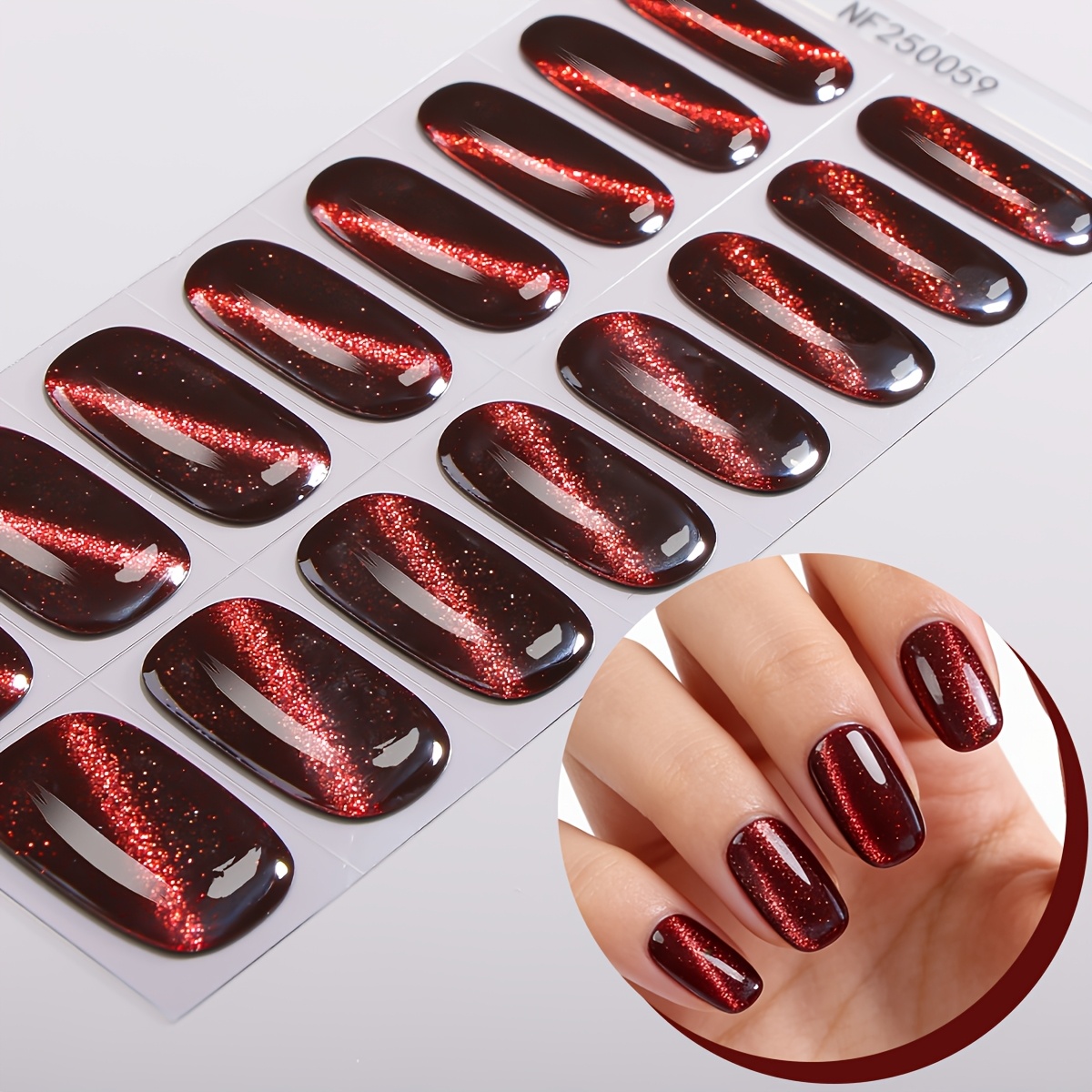 16pcs Burgundy Cat Eye Semi Cured Gel Nail Strips - Salon-quality, Gel Nail Wraps - Nail Stickers Suitable For Women's Work, Dates, Daily Home Diy