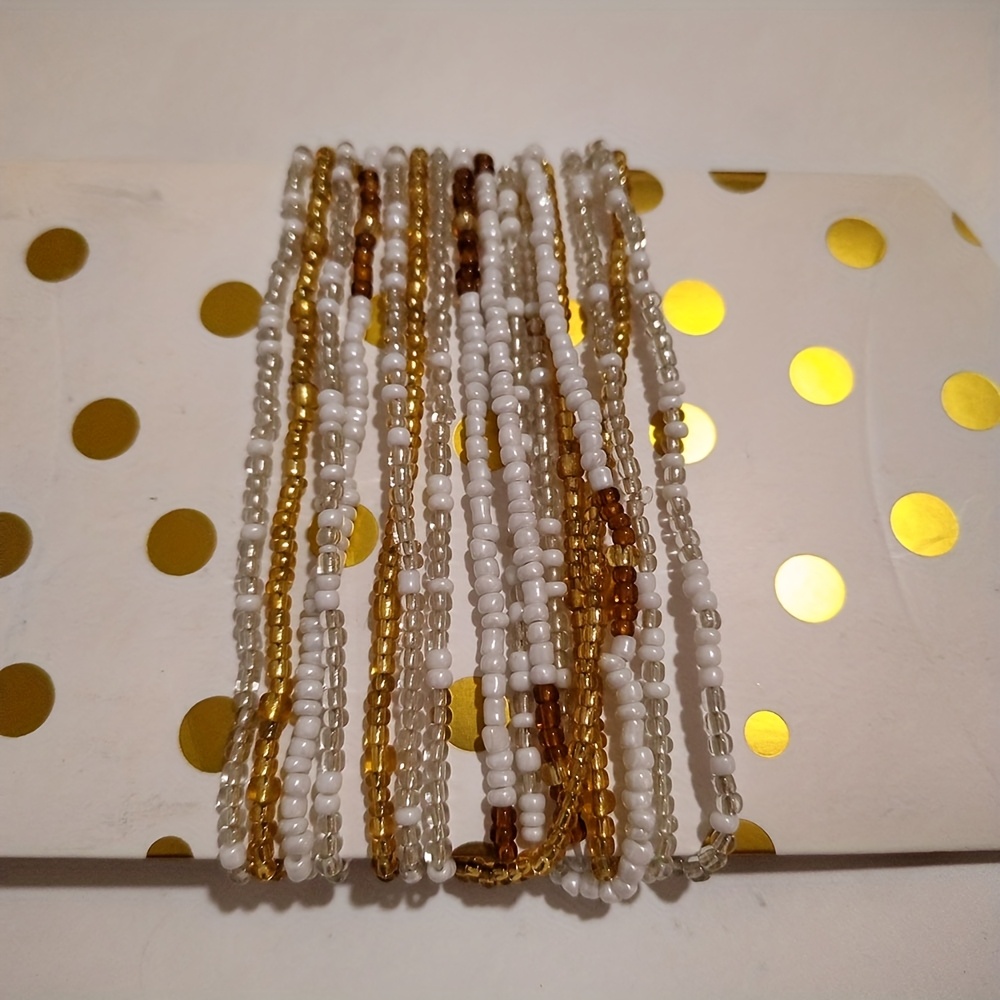 Image of Fashionable 4pcs Bohemian Style Beaded Waist Chain Set - Elastic Belly Jewelry For Daily And Party Wear, Vintage Style As A Waist Chain And Bracelet