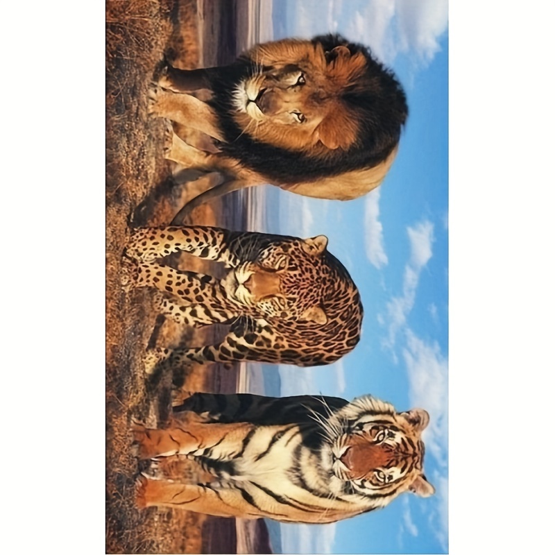 

5d Diy Diamond Painting Kit For Adults - African Savannah Big 3 Animals Theme - Lion, Leopard, Tiger - Round Acrylic Diamonds Wall Art Home Decor - 50x100 Cm - 1pc