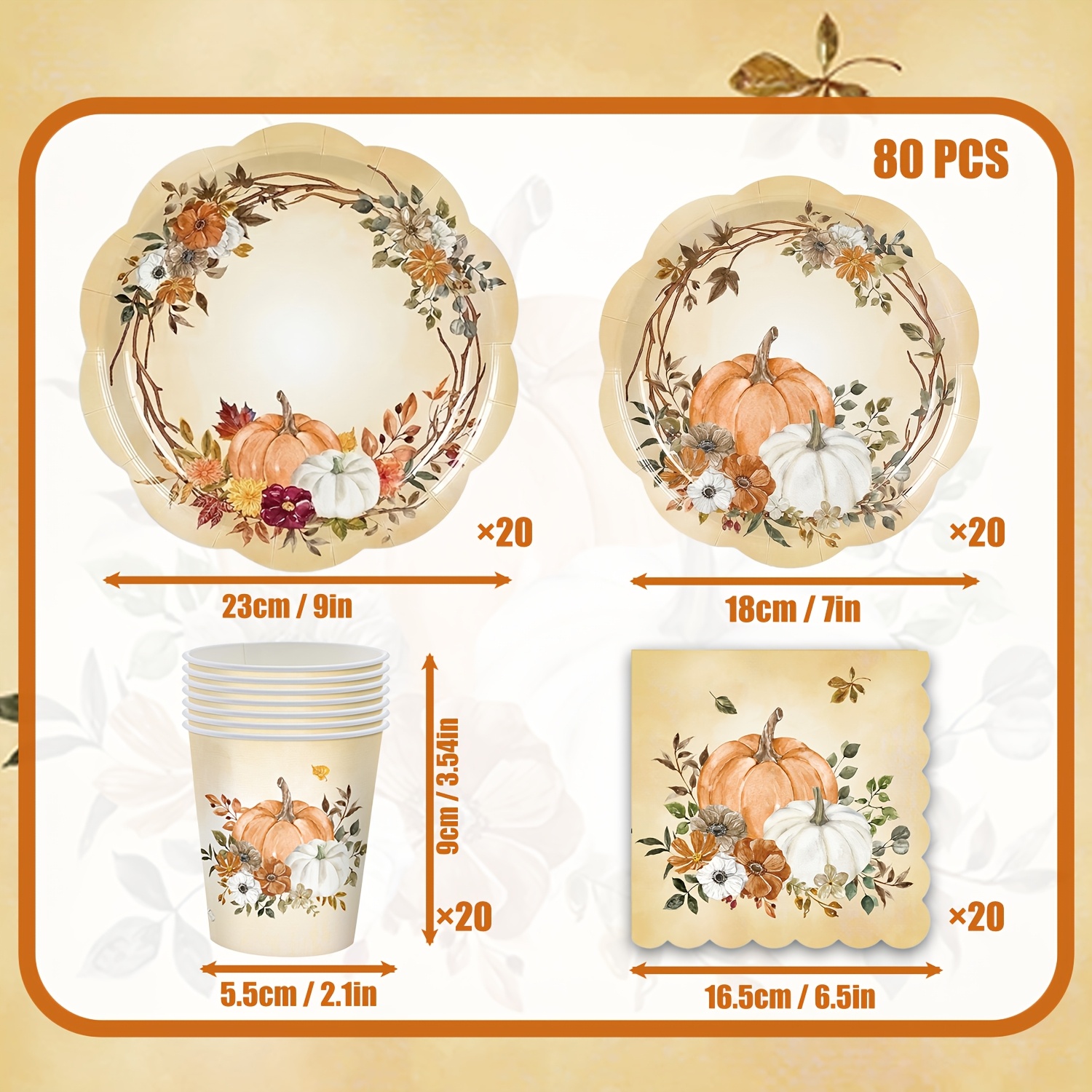 TEMU Ensemble de vaisselle en papier 300G-80pcs pour et Thanksgiving, parfait pour votre fête | Thème automne, récolte, citrouille, couronne florale,