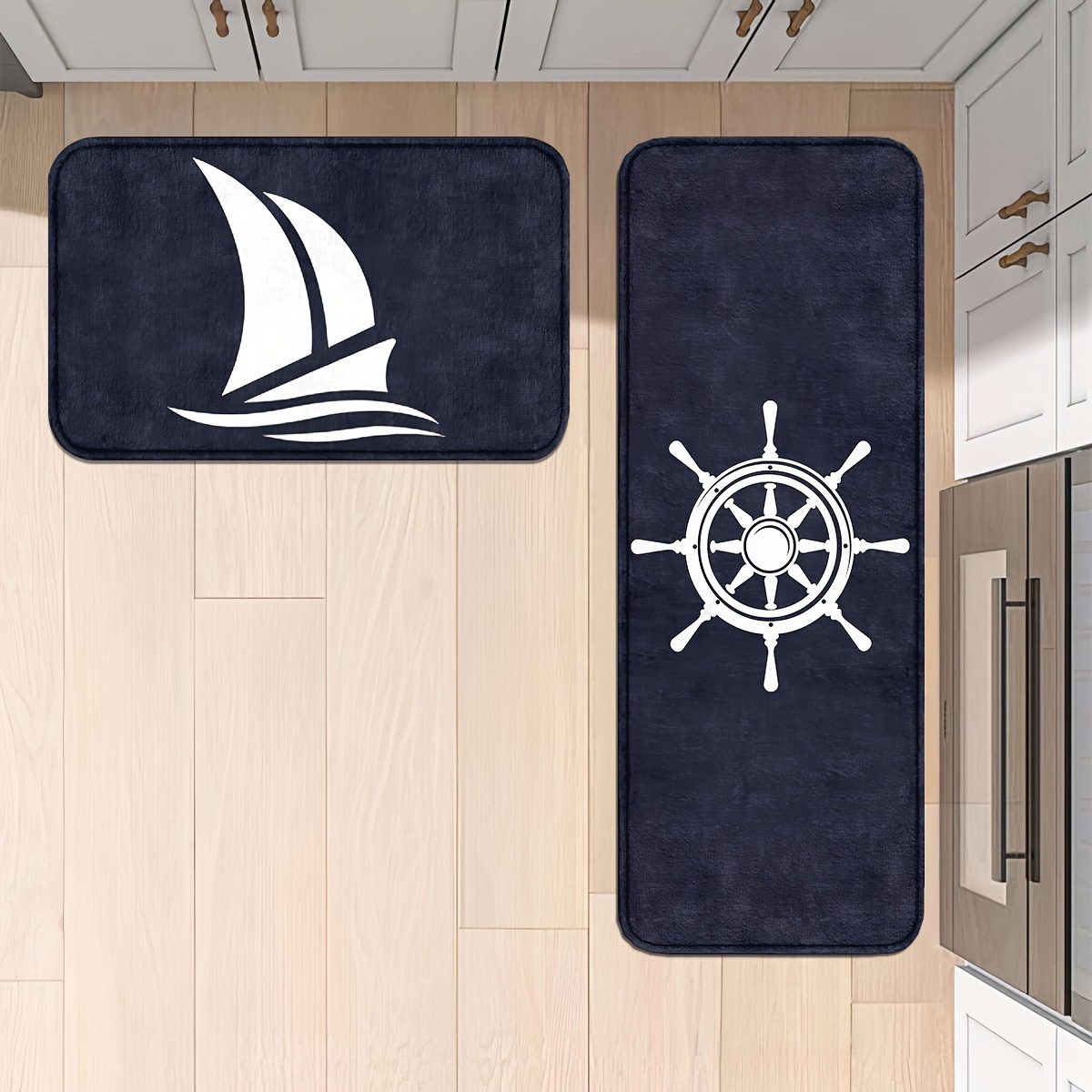 A Set Of Non-slip, Washable, Thick Kitchen Mats Featuring A Sailboat Anchor Design, Suitable For Kitchen For Spring And Summer.