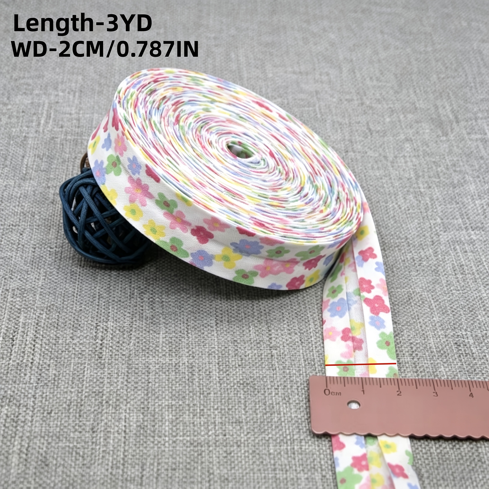 TEMU 2.74 Meter/bundle Multicolor Small Floral Trim Tape, 2.0cm Wide - Pre-hemmed Printed Fabric Design, Suitable For Sewing, Quilting And Crafts |