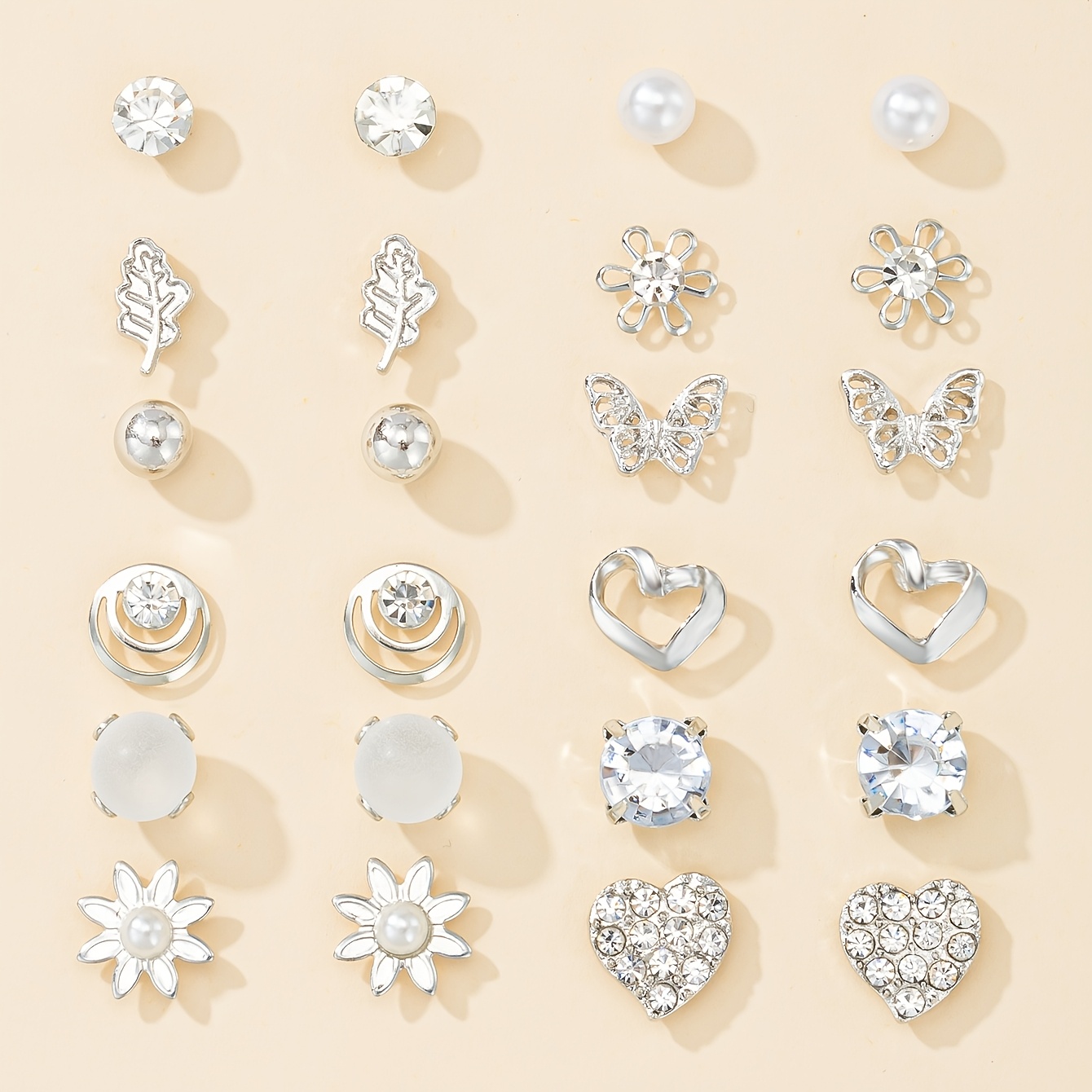 TEMU Un set de 12 de aretes de botón con forma de , florecitos pequeños y mariposas, diseño minimalista y lindo, ideales para citas, viajes diarios
