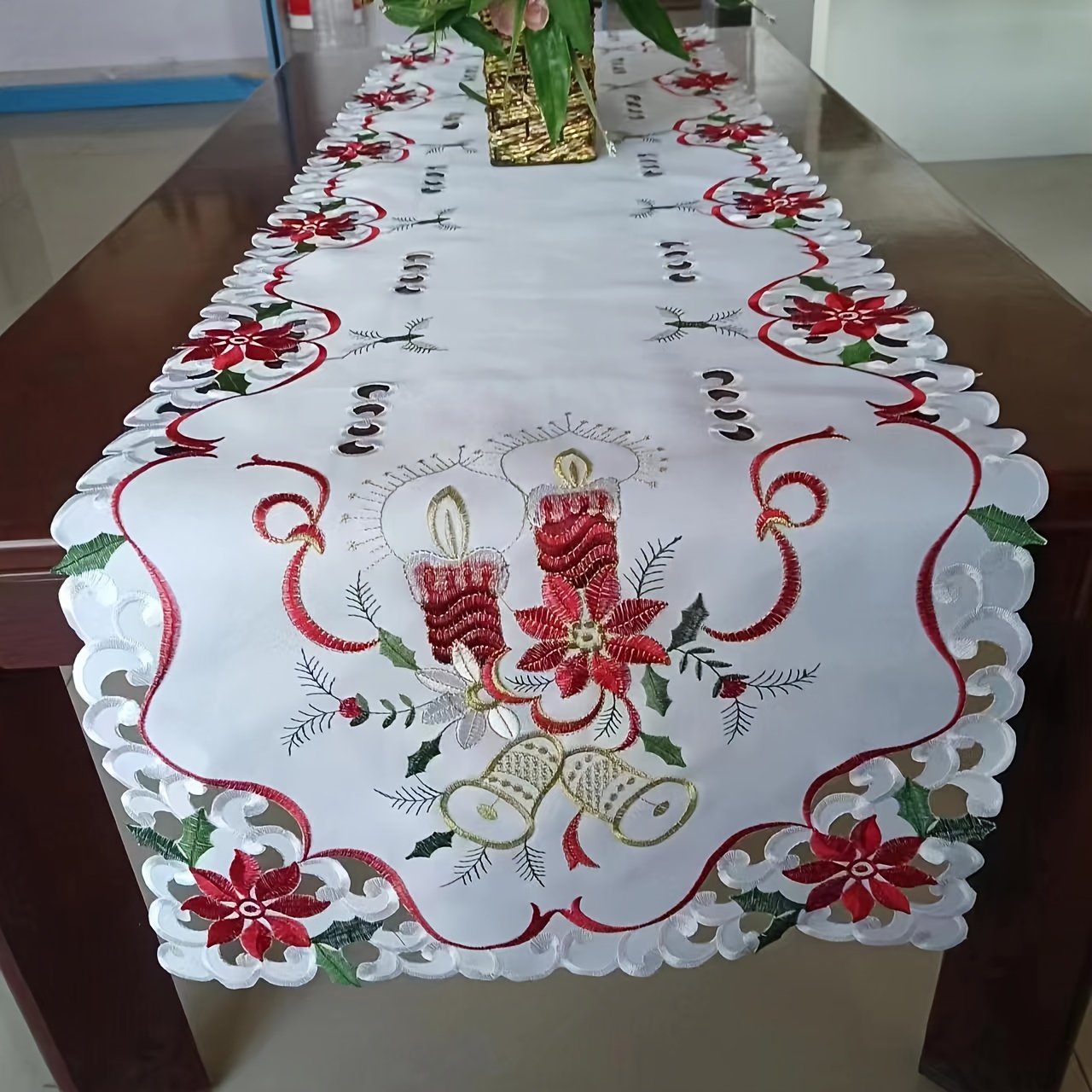 

Christmas Embroidered Table - Polyester, Rectangular Dining Decor