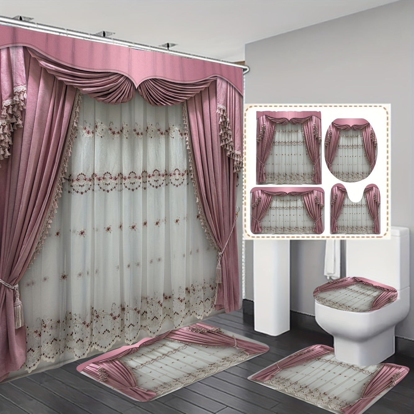 

1/3/4pcs Pink Design Bathroom Set, Fabric Shower (70.8x70.8in) With 12 Hooks, And Matching Toilet Mats, Machine Washable