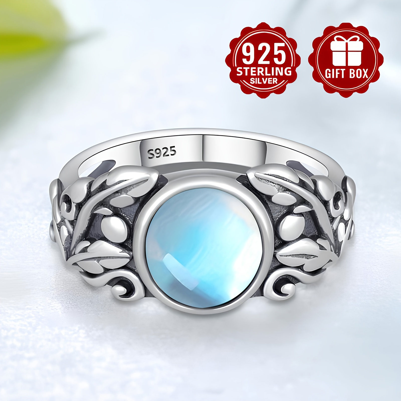 Sterling Silver Moonstone Ring Victorian Leaf Design