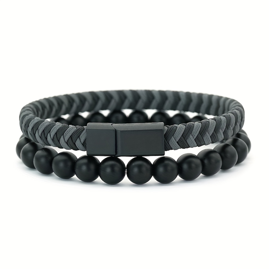 E-shop 2er-Set Armreif aus PU-Leder mit 8mm Perlen, Armband für Herren Paare, Schmuck