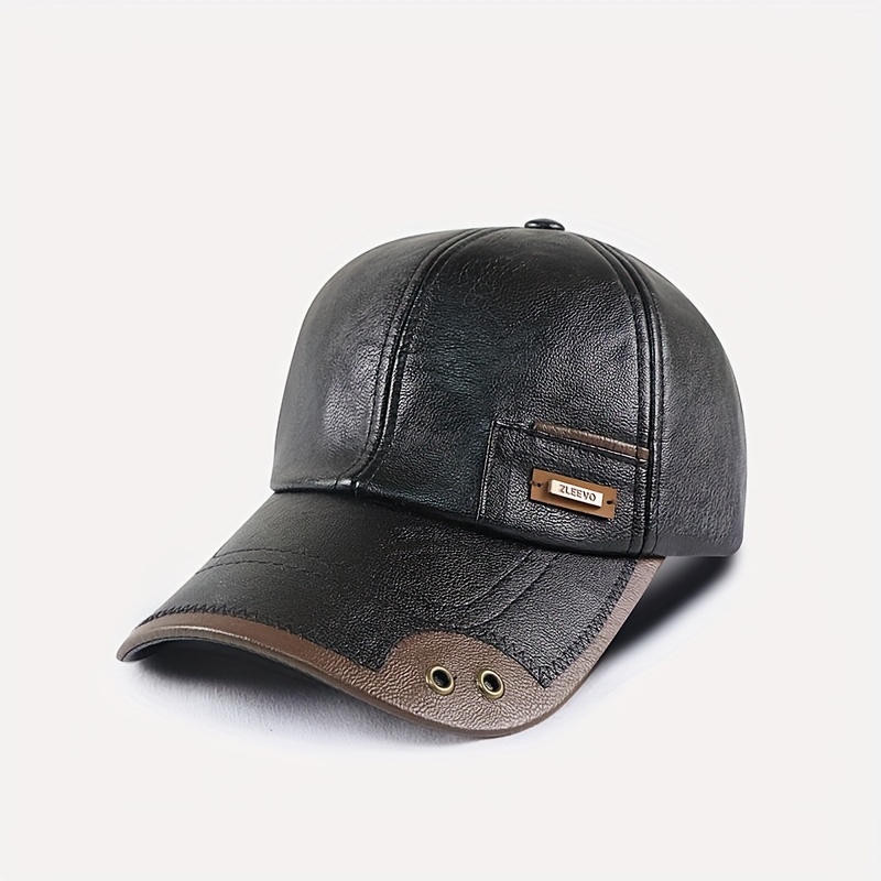 E-shop Herbst Winter Kunstleder Baseball Cap Herrenmode Fleecegefüttert Mittelalter Entenschnabelmütze Verstellbar