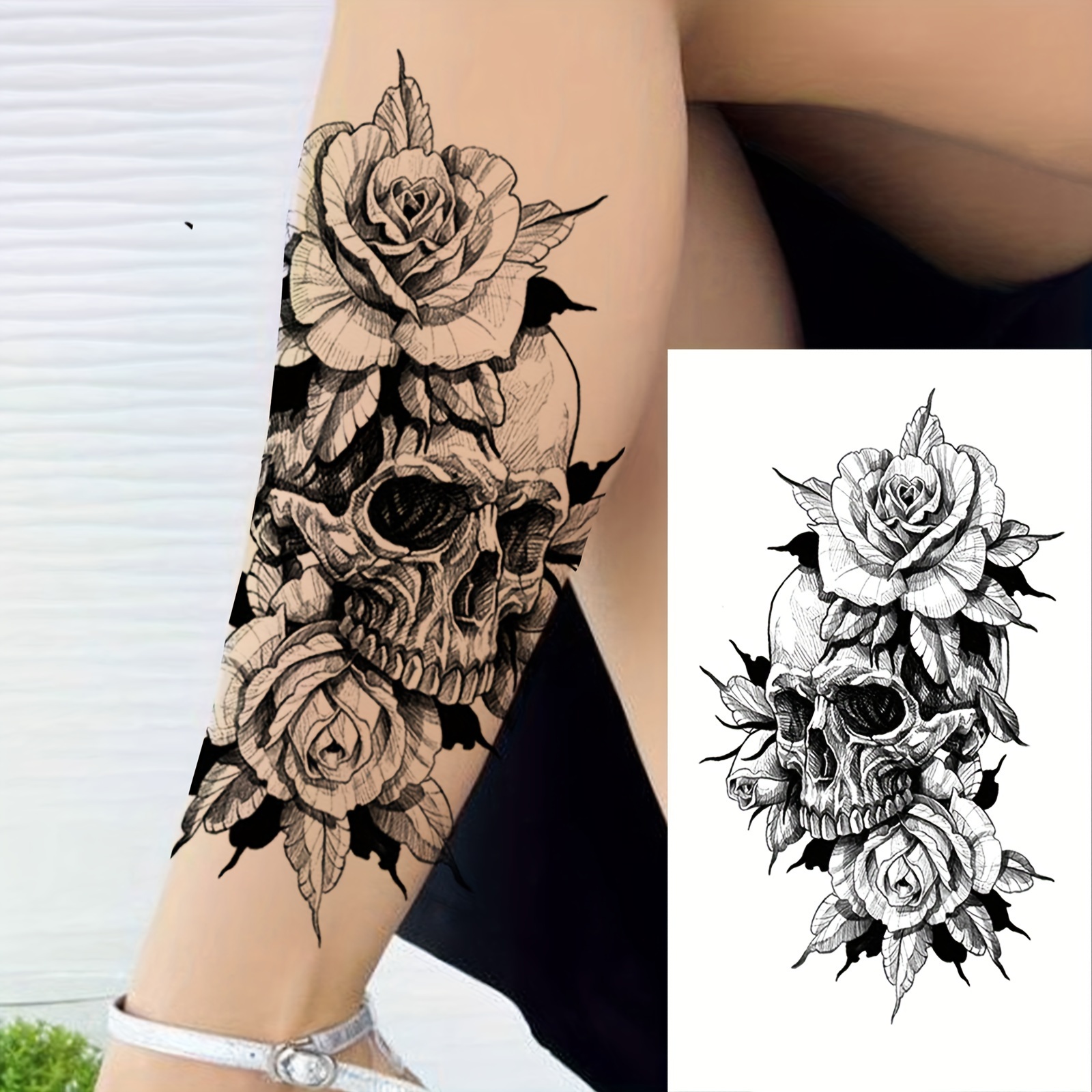 

Autocollants de tatouage éphémère de crâne de et de roses, tatouages de mancheau faux résistants à , adultes grand bras cuisse -bras , art corporel vampire péony noir , 1 feuille de