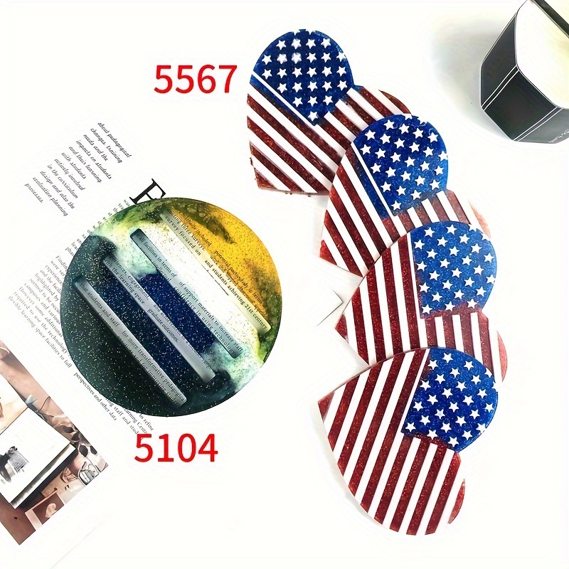 

5pcs Silicone Resin Casting Molds Set - Heart And Pentagonal Shapes, Tea Cup Coasters With Storage Base, Diy Us Flag Design, Craft Supplies For Independence Day Decorations