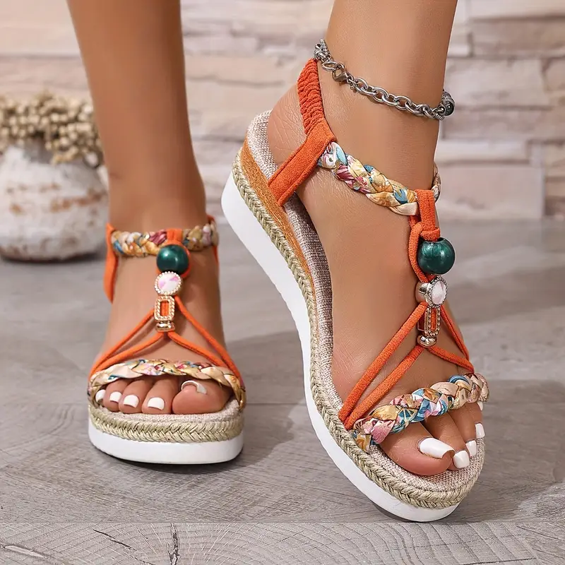 zm bohemian style thick sole heightening elegant and comfortable classic lightweight breathable casual braided elastic wedge sandals Product details 0