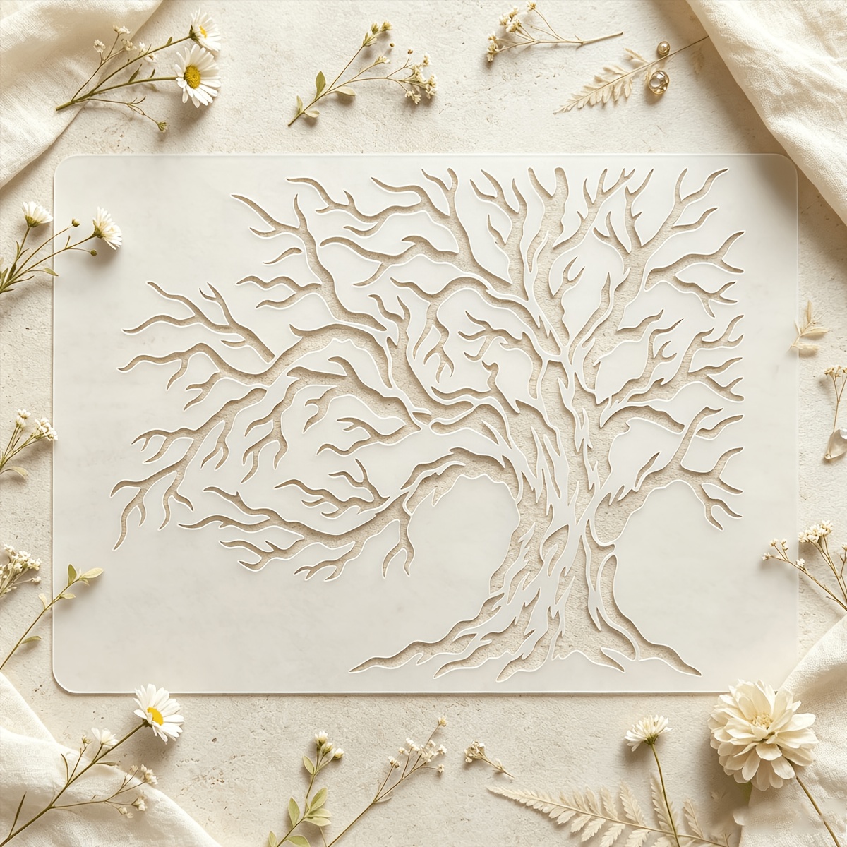 TEMU 1pc Tree Of Life Painting Stencil Reusable Washable Pet Plastic Suitable For Crafts, Scrapbooking, Card Making, Canvas Painting - Botanical Root