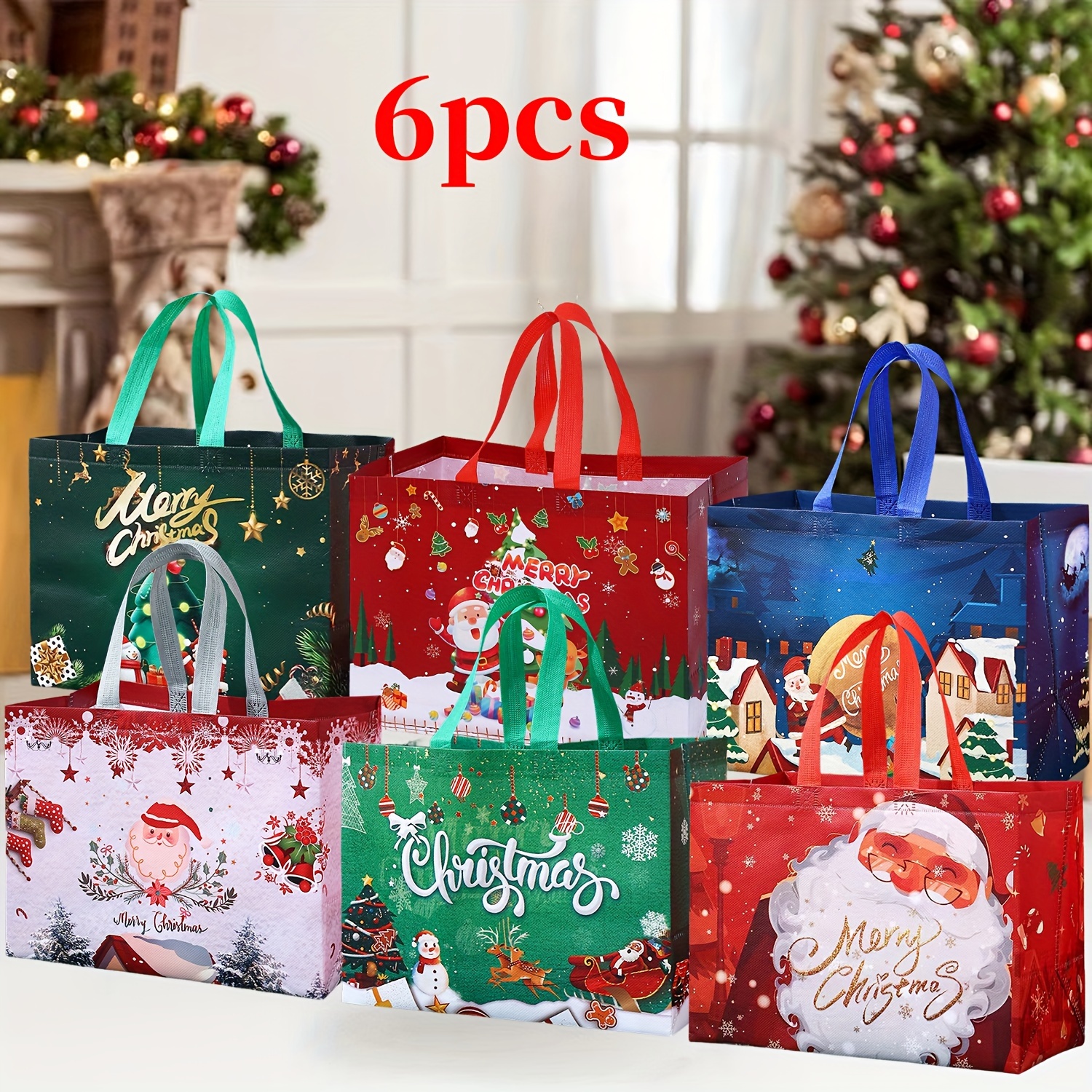 Image of 6/12 Large Christmas Gift Bags With Handles, Reusable Non-woven Christmas Shopping Bags, Suitable For New Year And Christmas Decoration Party Supplies, 12.8''×9.8''×6.7''