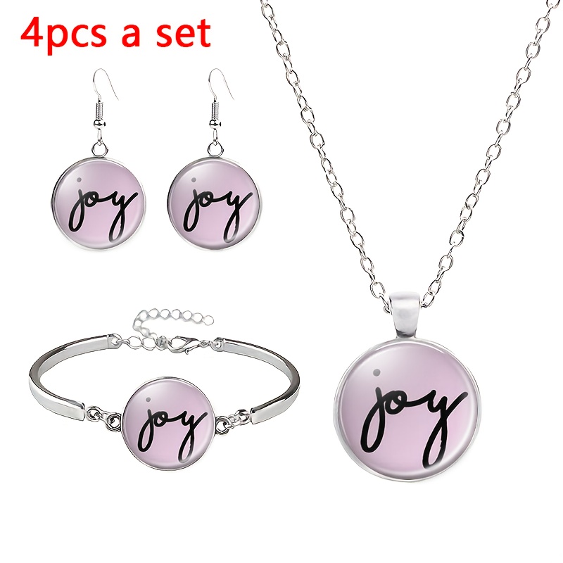 4pcs Minimalist Jewelry Set with Pink Round Badge Design