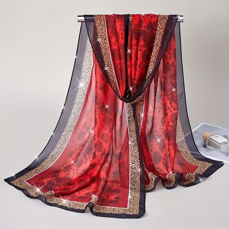 TEMU Retro Color- Bohemian Style Rose Leopard Print Chiffon Scarf, Windproof And Breathable Headscarf, Suitable For Outdoor Travel Beach Towel