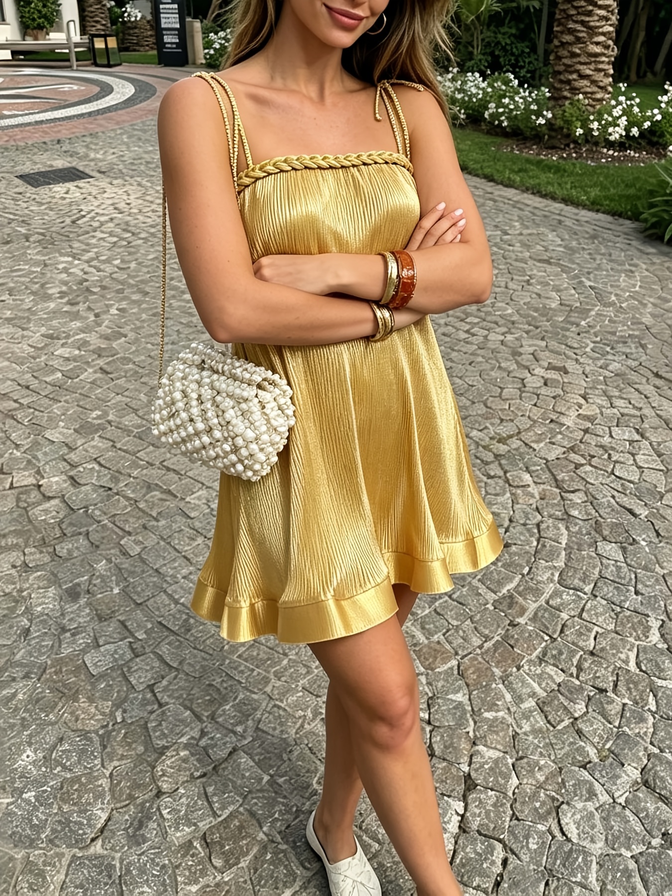 gold swing dress womens metallic golden pleated mini braided trim gatsby fringe dress