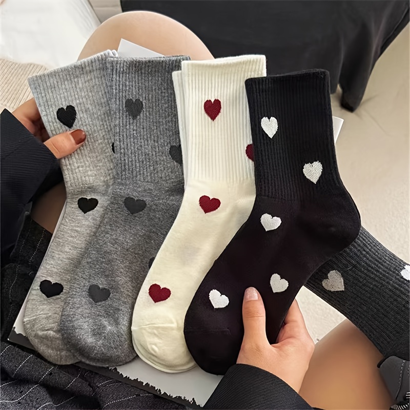 

5 Pairs Heart Print Socks, Simple & Comfort Mid Tube Socks For Fall & , Women's Stockings & Hosiery