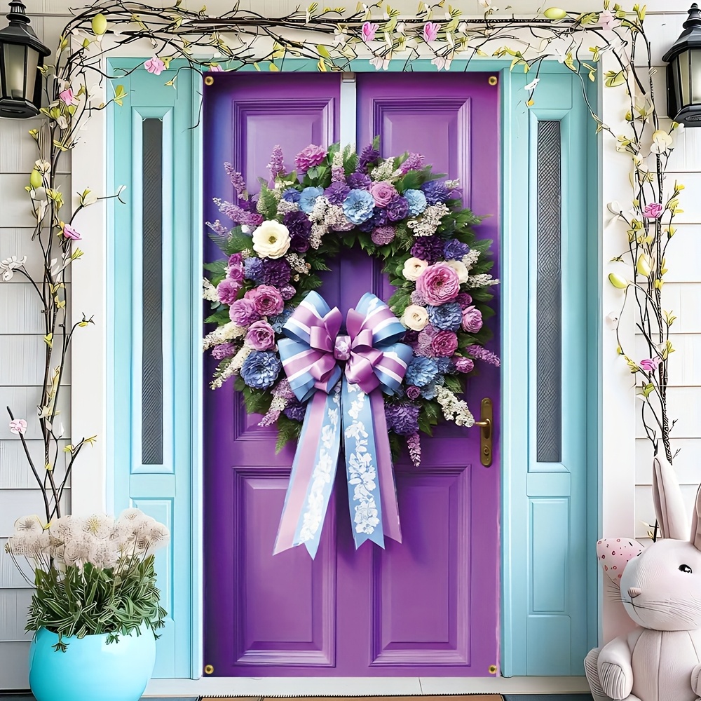 

2d Door Banner, 1pc Vibrant Purple & Blue Floral Welcome Wreath For Easter - Polyester, 70.8x35.4 Inches, Door Frame & Wall Decor, Indoor/outdoor Banner With Ribbon Accents, Wreaths For Front Door