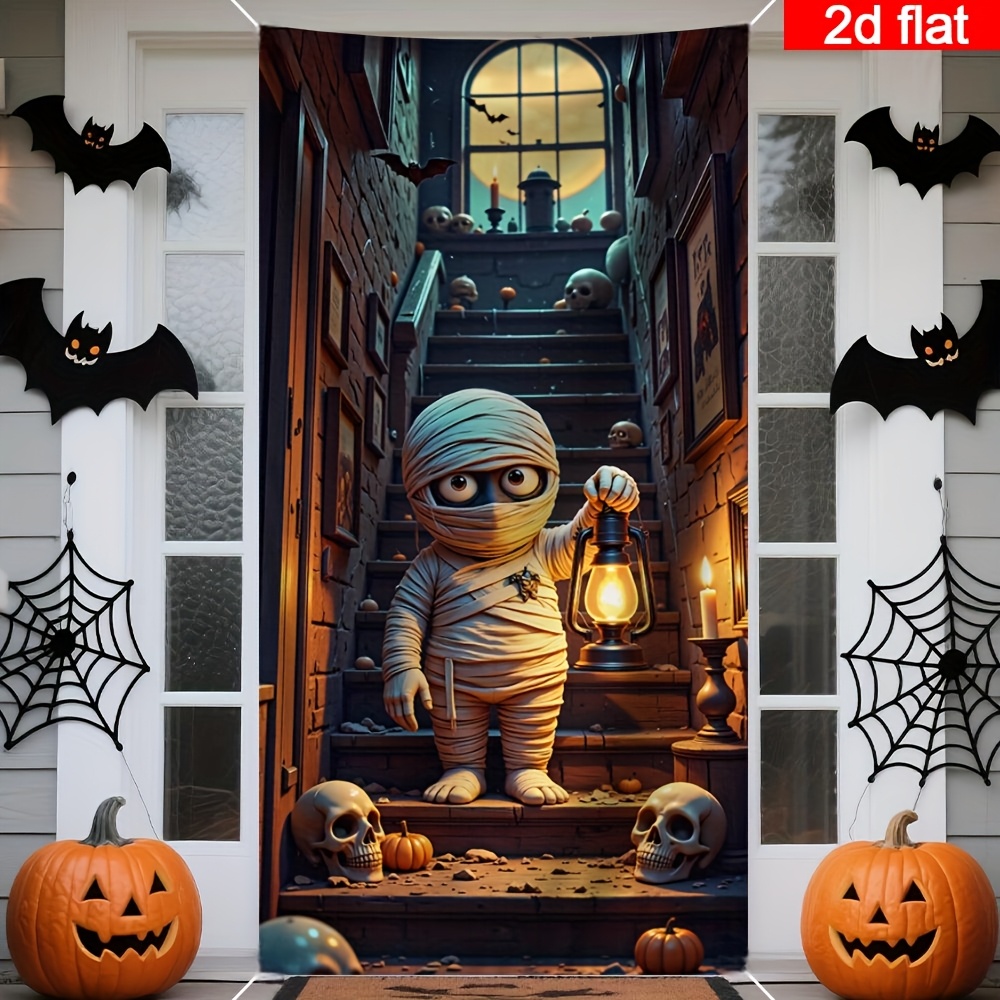 TEMU 2D-Flach, 2D-Türbanner, 2D-Flachbanner-Türabdeckung, ein einteiliger Halloween-Türschutz aus Stoff, mit einer gruseligen einer Laterne, 2D-Flach