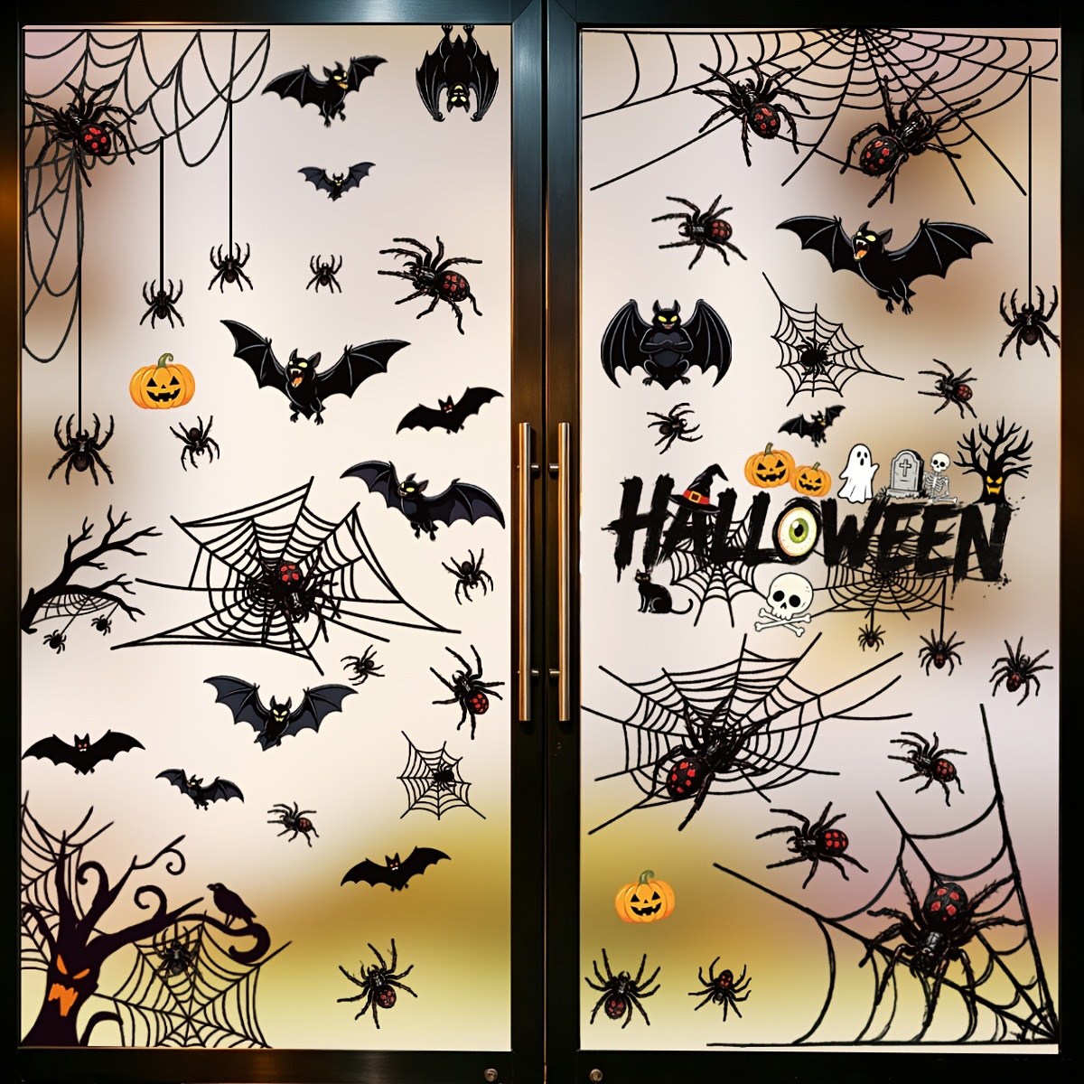 Image of 4 Sheets 49 Halloween Static Window Clings, Black Web Bat Pumpkin Skeleton Haunted Tree Removable No Glue Window Stickers, Reusable Glass Door Decals For Halloween Indoor Home Party Decor Supplies