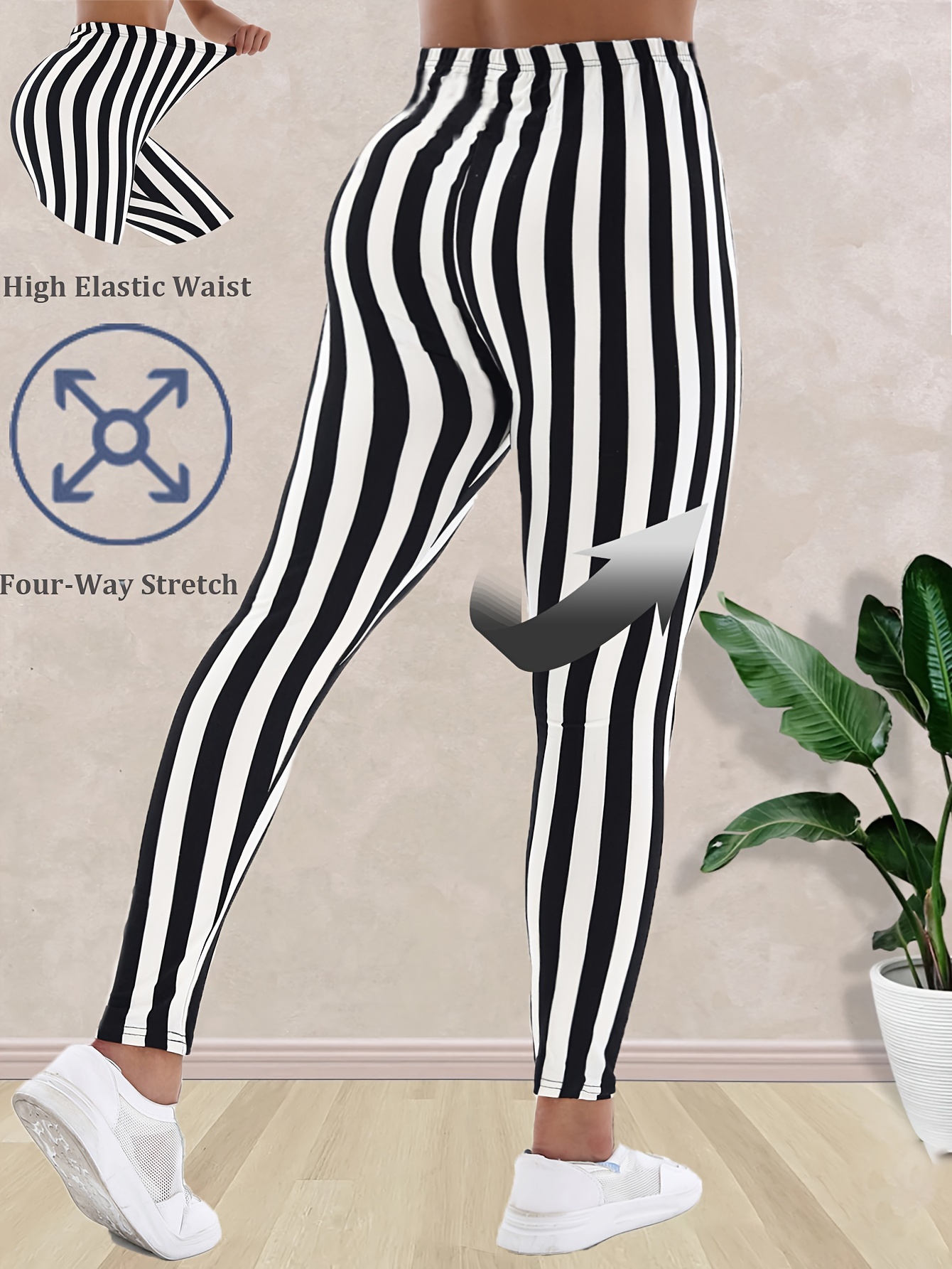 Women'S High Waist Striped Polyester Spandex Leggings, Casual Stretchy Cropped Skinny Pants, Knit Fabric, for All-Season Comfort, Weekend Casual Wear