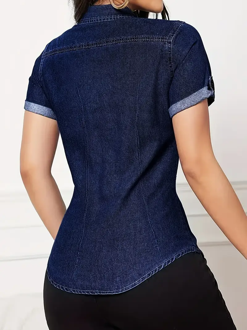 womens   casual shirt summer short sleeve button up with chest pockets machine washable non stretch denim style fabric elegant solid color blouse for casual professional wear Product details 1