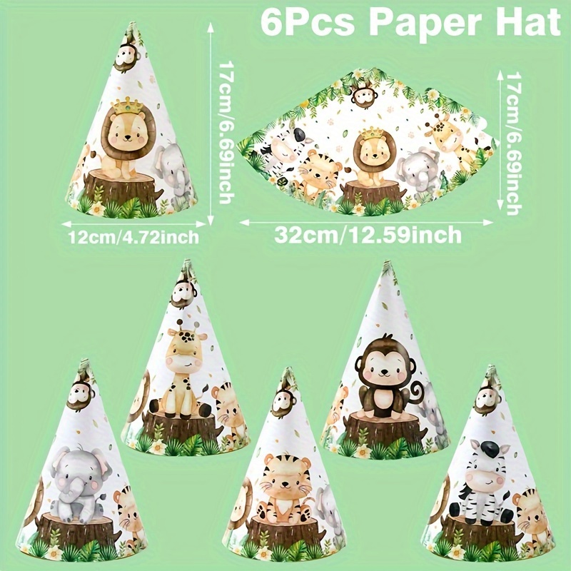 Image of 6pcs, Wild 1 Jungle Animal Paper Hats, 1st Birthday Party Decor, Baby Shower Wedding Party Gifts, Jungle Animal Theme Party Supplies Birthday Hat