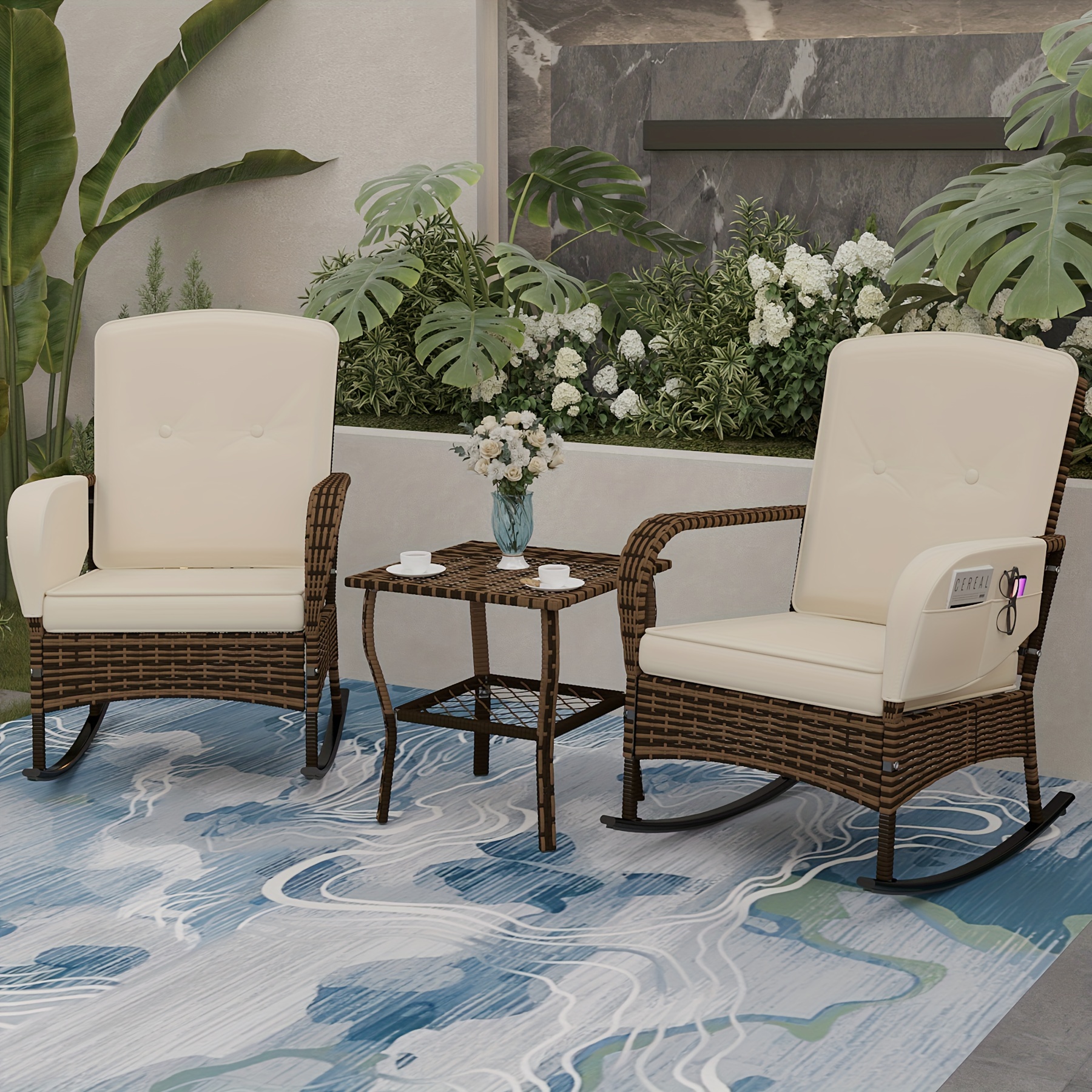 

3-piece Patio Rocking Chair Set, Patio Bistro Set With 2 Wicker Chairs, Patio Conversation Set With Glass Coffee Table And Cushions For Garden, Porch, Backyard