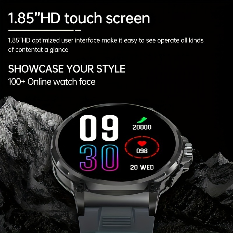 Montre Connectée Homme avec Écran HD 1,85 Pouces, Compatible Sans Fil, Appels Sans Fil et Notifications Push, Suivi Fitness avec 100+ Modes Sportifs, Moniteur de Pas/Calories/Sommeil, Contrôle Musical, Batterie Longue Durée (Compatible avec /