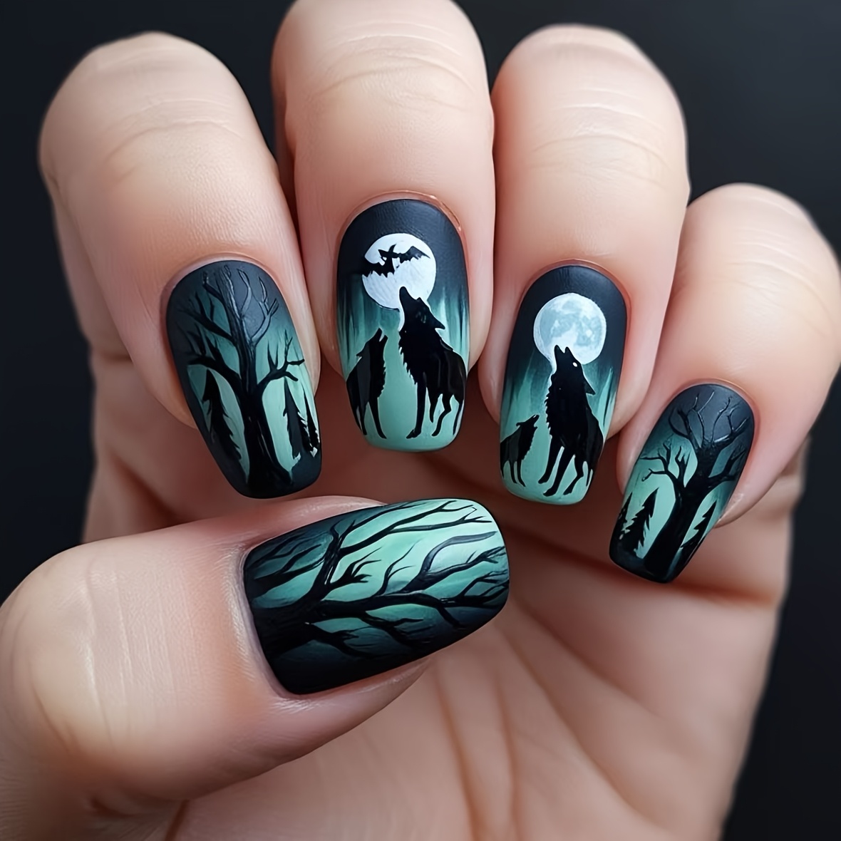 TEMU 24pcs New Square Dark Style Night Wolf Press-on Nails, Black-green Gradient Hand-painted Forest Wolf Shadow False Nail Stickers, Removable And