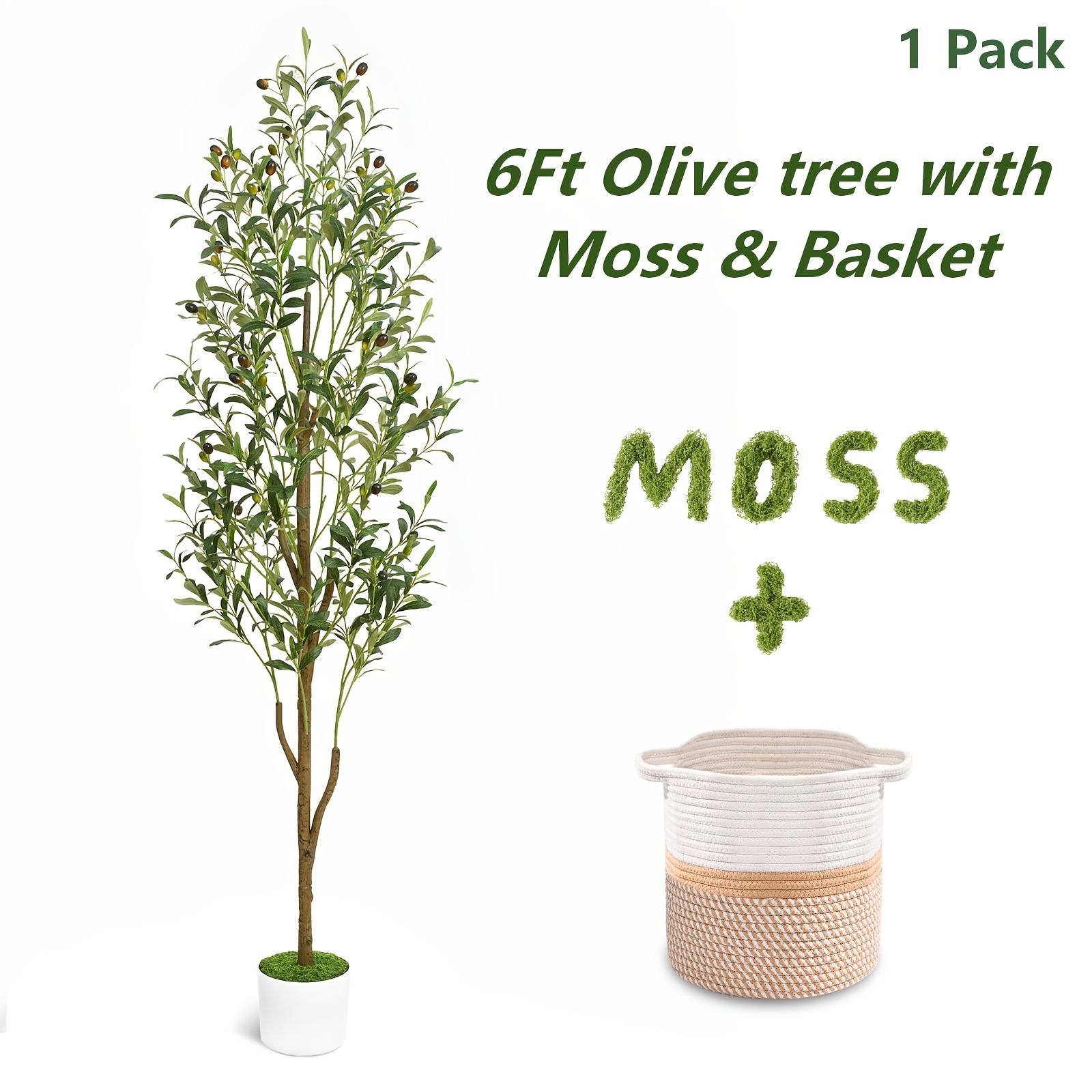 TEMU Artificial Olive Trees For Indoor, 5/6/7ft Tall Fake Plants With Planter, Moss And Basket, Realistic Wood Trunk With Lifelike Branches And