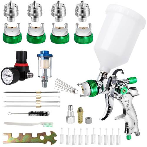 automotive pneumatic spray gun 2008 kit with 1 4 1 7 2 0 2 5mm nozzles including 10 filters a pressure gauge a 600ml measuring cup cleaning brush wrench an oil water separator and other accessories hvlp high atomization adjustable flow