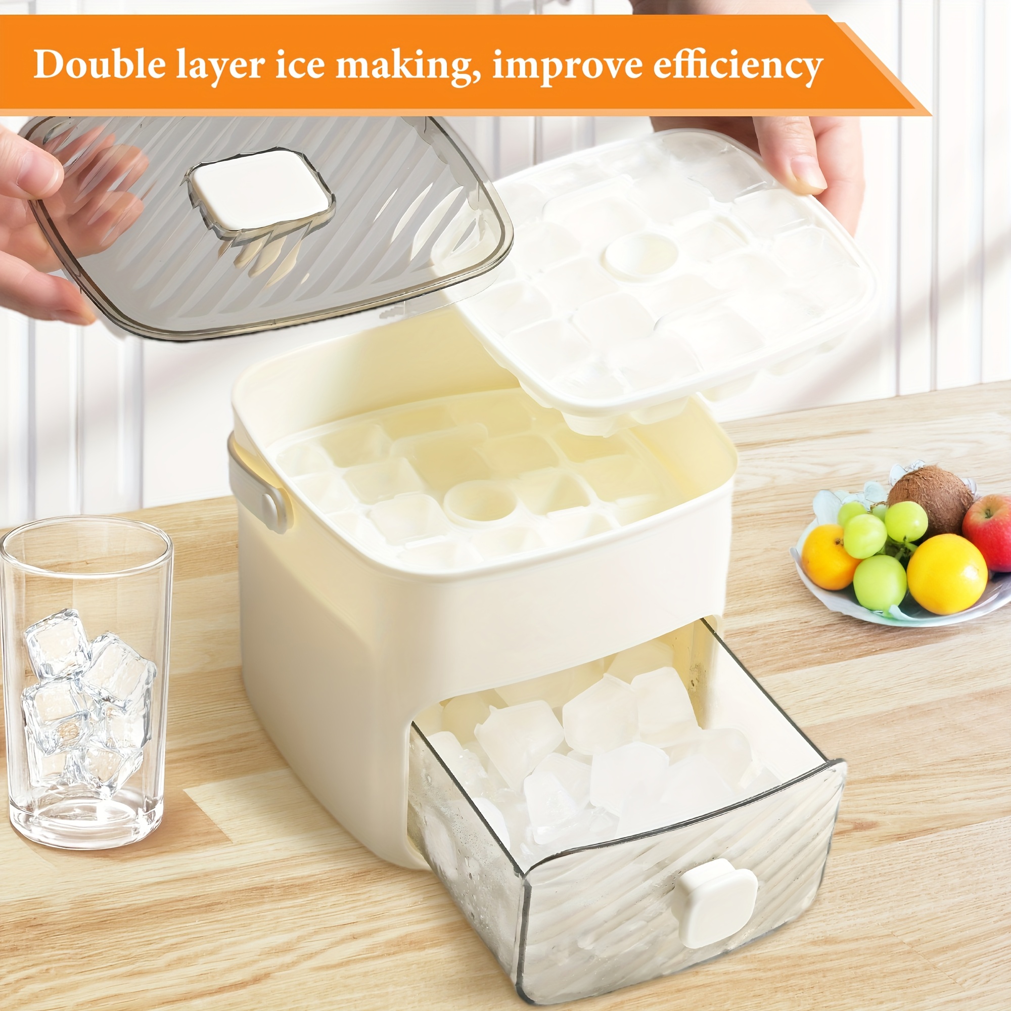 1pc manual ice maker 48 cube capacity no electricity required double layer pressure mold with food grade plastic tray transparent lid portable for camping parties kitchen use   ice tongs storage bin portable ice maker   modern kitchenware nonscratch surface details 1