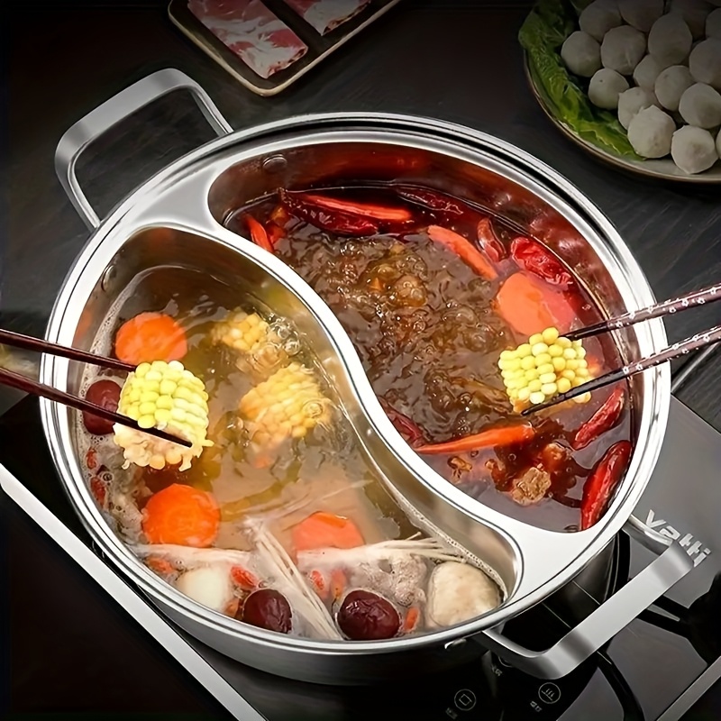 

1pc Stainless Steel Dual-compartment Hot Pot, Chinese Style With Divider, Compatible With Induction Cooktops, 2 , Thickened Home Use Dual- Soup Pot