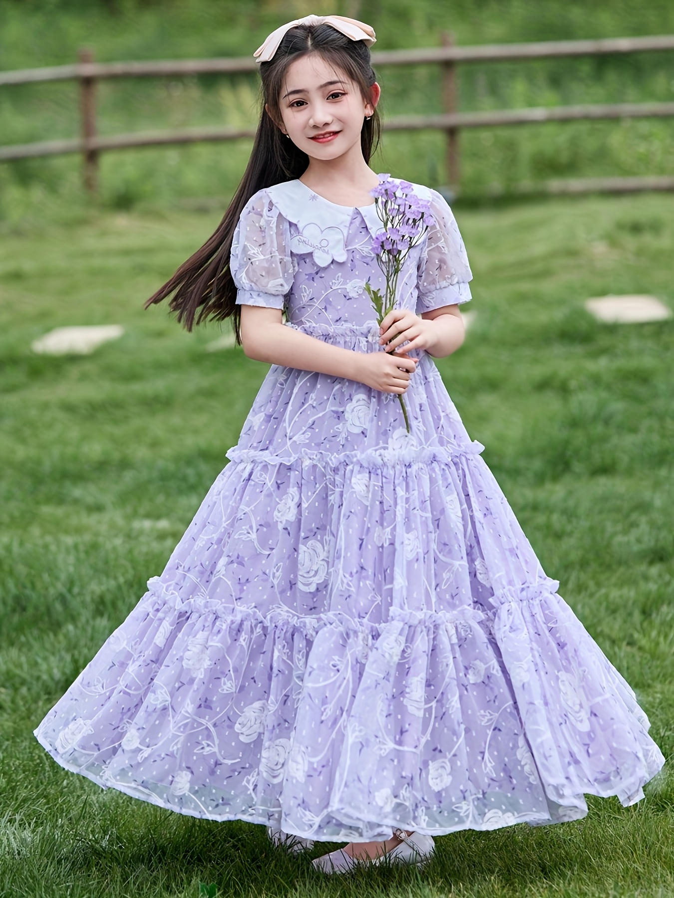 girls floral print chiffon dress light purple tiered - Temu Oman