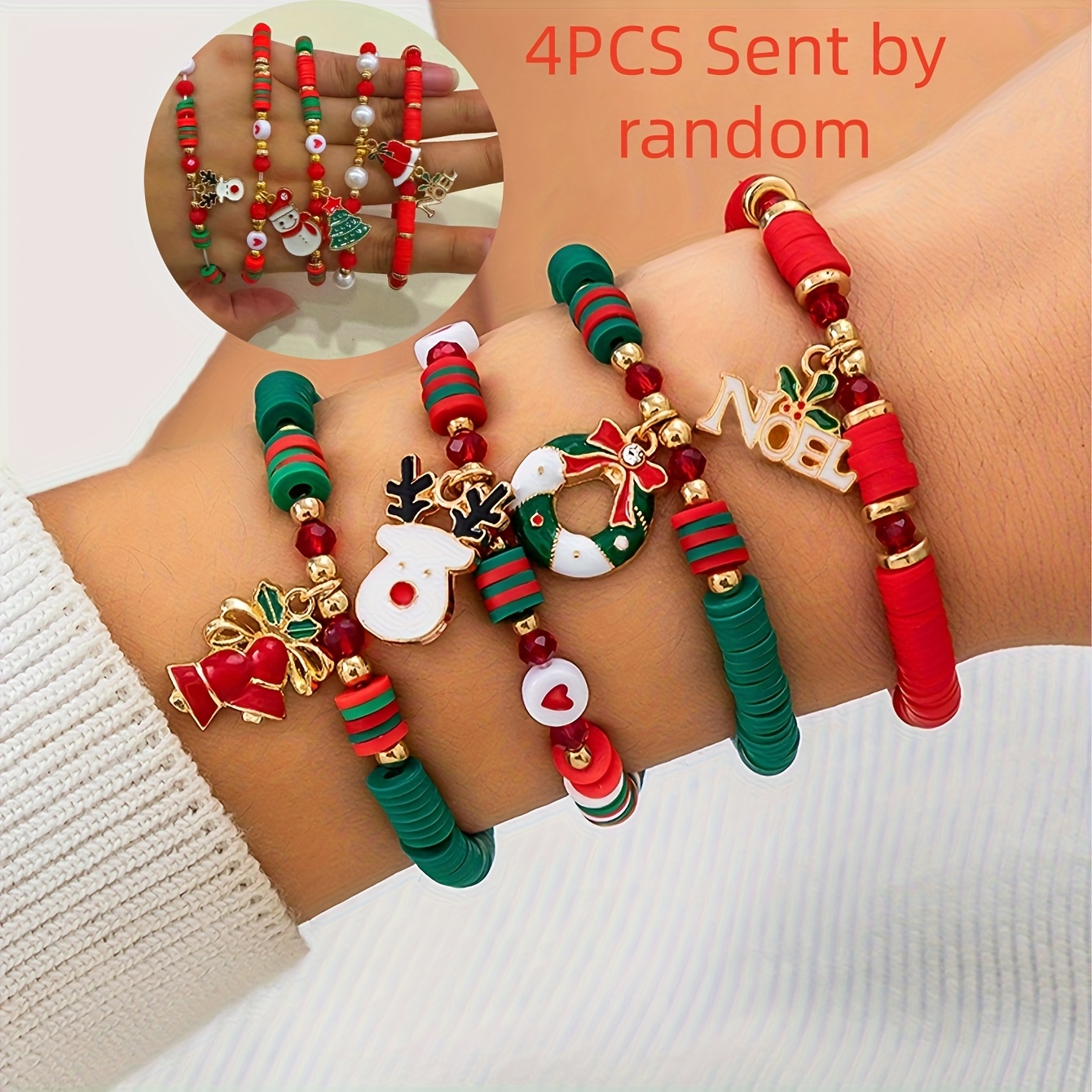 TEMU Random Color Christmas Themed Bracelet Set - Red And Green Color Scheme, Santa Claus, Moose, Snowflake Designs, And Colored Polymer Clay Bead