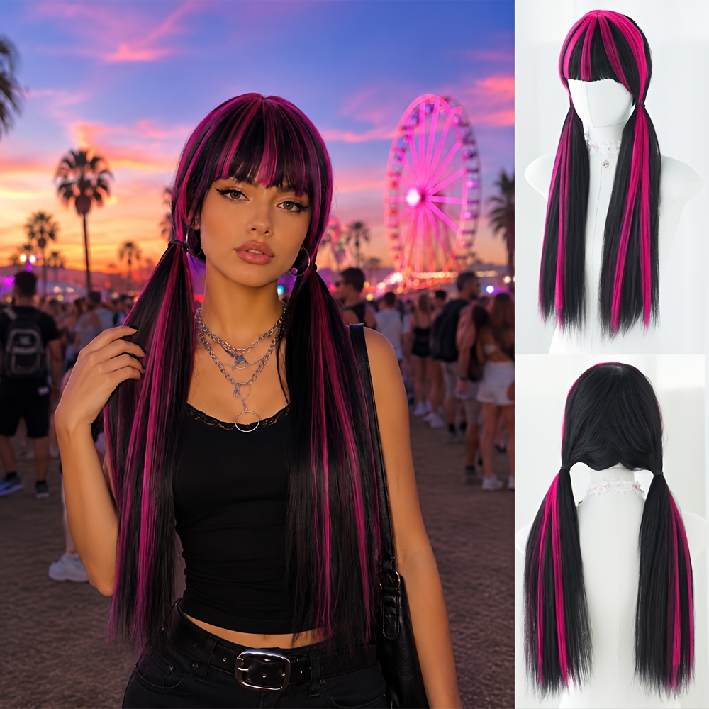 TEMU Men's Halloween Wig Long Straight Black Highlight Pink Wig For Women Daily Use Modest Fashion Y2k Wigs With Neat Bangs High Density Synthetic