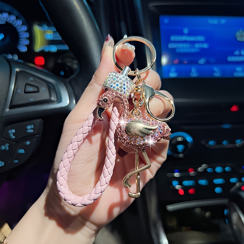 TEMU Adorable Flamingo Car Keychain With A Cartoon Design, Embellished With Diamonds, Perfect As A Personalized Bag Charm Or Gift Accessory