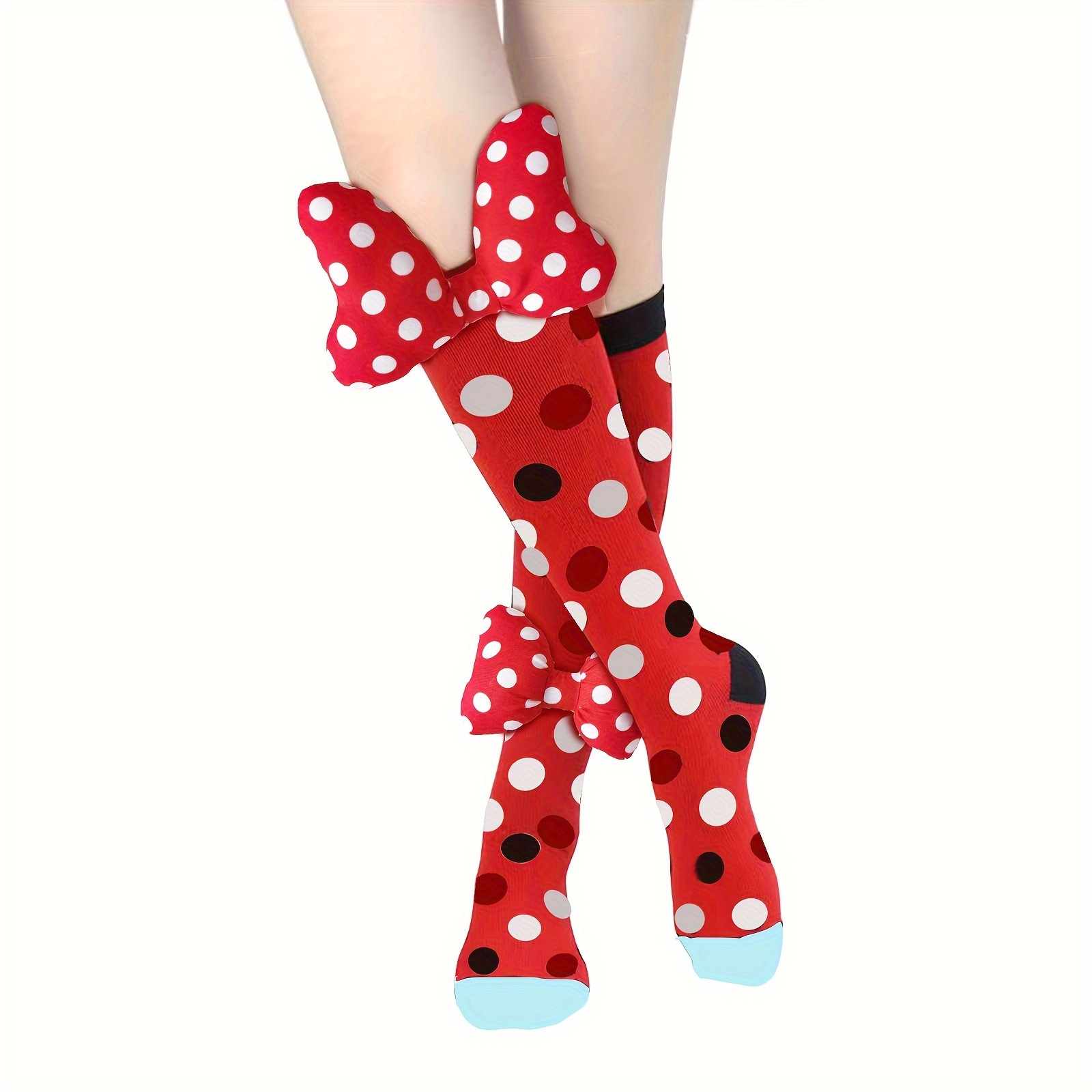 

Chic Polka Dot Knee-high Socks For Teen Girls With Large Bow - Breathable Nylon Blend, Hand Wash Only