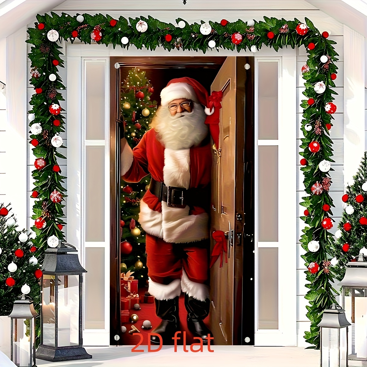 TEMU 2D dveřní banner, Santa Claus usmívající se 2D dveřní banner - Sváteční vánoční dekorace s Santa kloboukem, Santa kloboukem a Santa figurou,