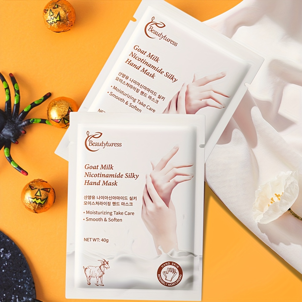 goat milk niacinamide hand mask skincare set for dry rough and cracked hands physical exfoliation deep moisturizing softening hand mask set suitable for party and holiday gifts halloween and christmas details 2