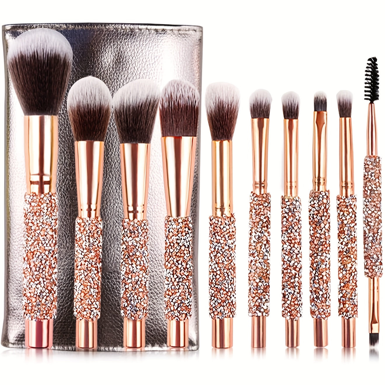 

10pcs Bling Makeup Brush Set With Pink Pu Bag - Includes Foundation, Powder, Blush & Eyeliner Brushes For Types - Perfect Gift For Women And Girls, Makeup Brush Holder